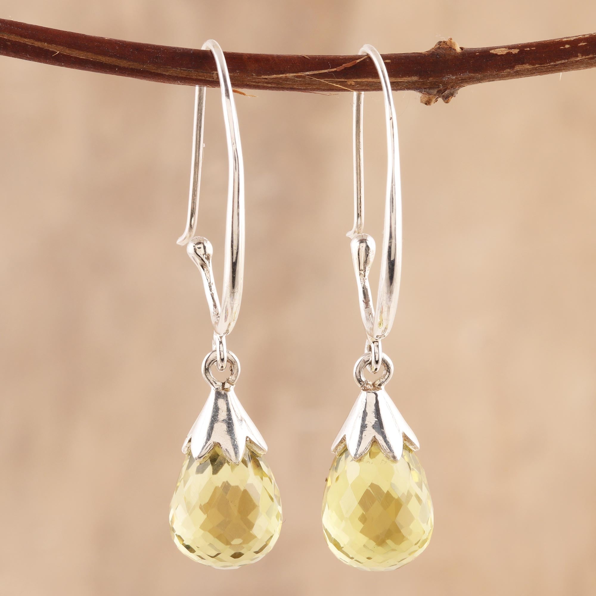 Premium Glittering Dew 10-Carat Lemon Quartz Dangle Earrings - Handcrafted in India