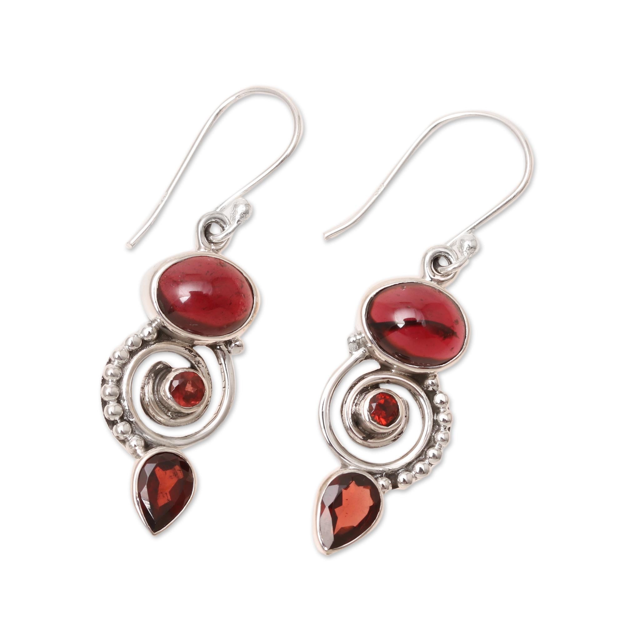 Premium Garnet Spiral Dangle Earrings in Sterling Silver