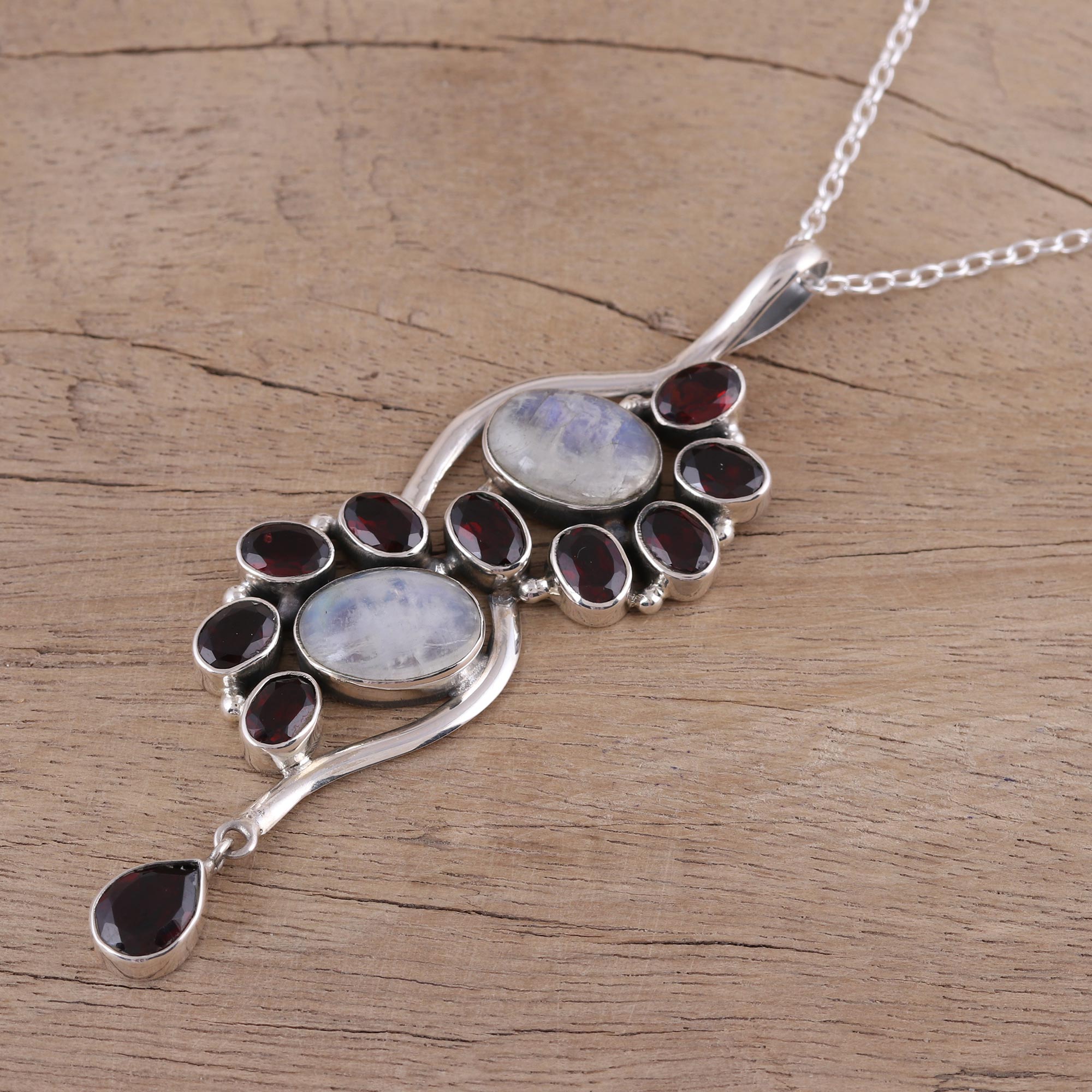 Premium Spiral Garnet & Rainbow Moonstone Pendant Necklace - Handcrafted Sterling Silver Jewelry