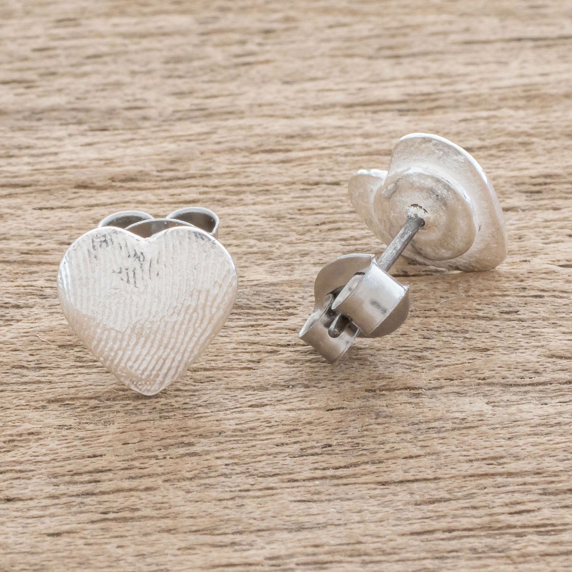 Premium Heart-Shaped Silver Stud Earrings with Artisan Fingerprint Detail