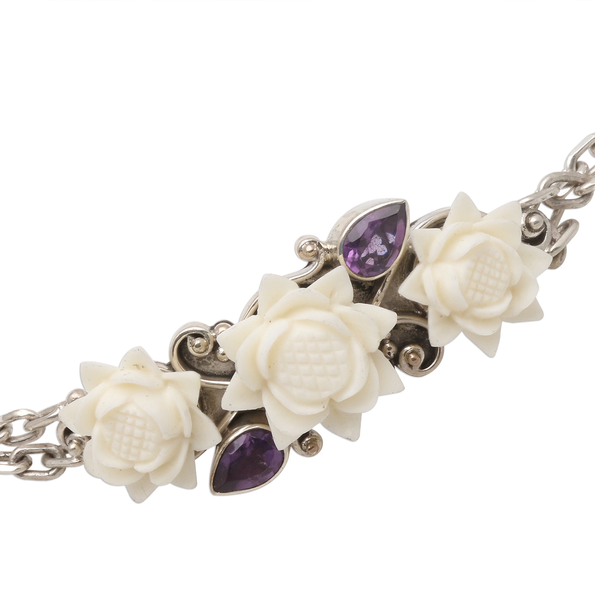 Premium Ivory Lotus Bracelet - Handcrafted Silver & Amethyst with Bone Flowers