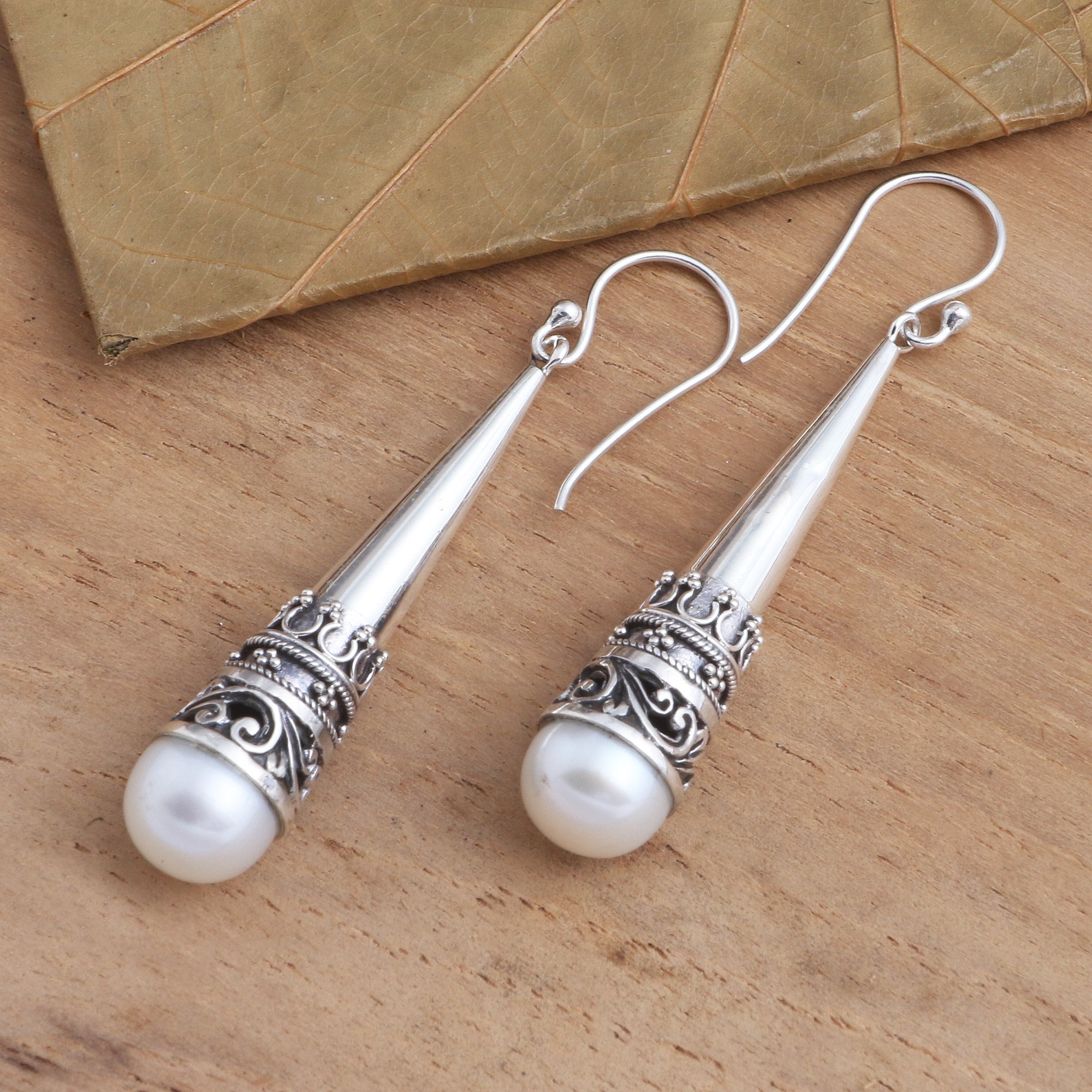 Premium Bali Cornet Sterling Silver Dangle Earrings with Cultured Pearl – Timeless Elegance