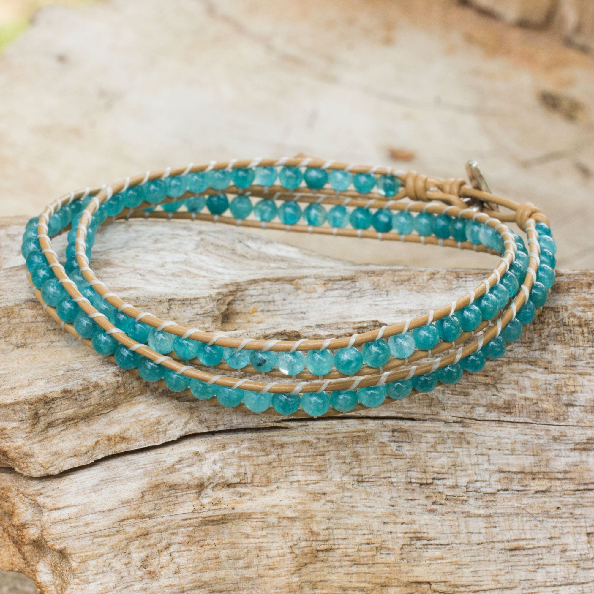 Premium Hill Tribe Handmade Wrap Bracelet - Ice Blue Quartz & Brown Leather