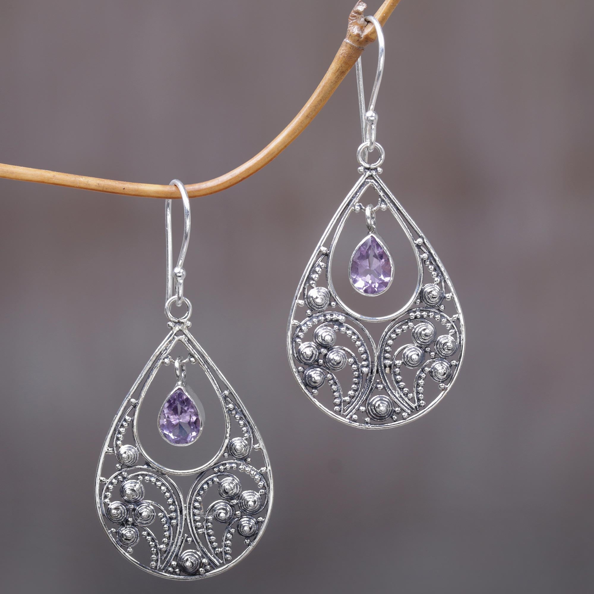 Premium Bali Crest Amethyst Dangle Earrings in Sterling Silver