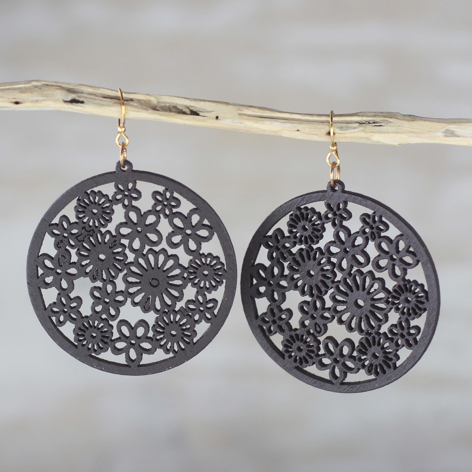 Premium Ebony Wood Floral Dangle Earrings - Handcrafted Elegance