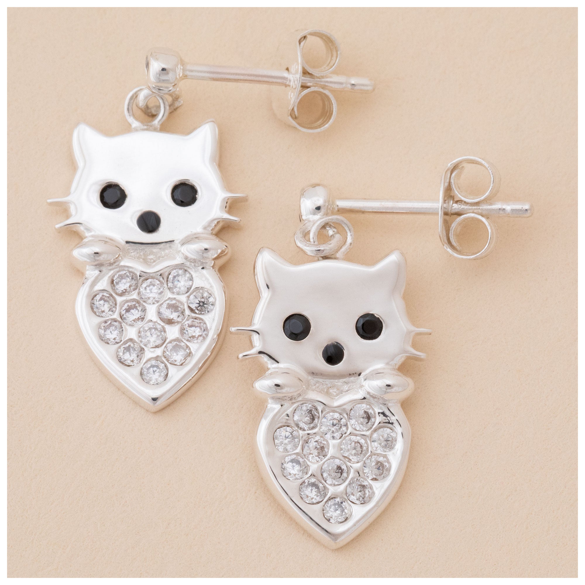 Premium Sterling Silver Cat & Heart Birth Month Drop Earrings