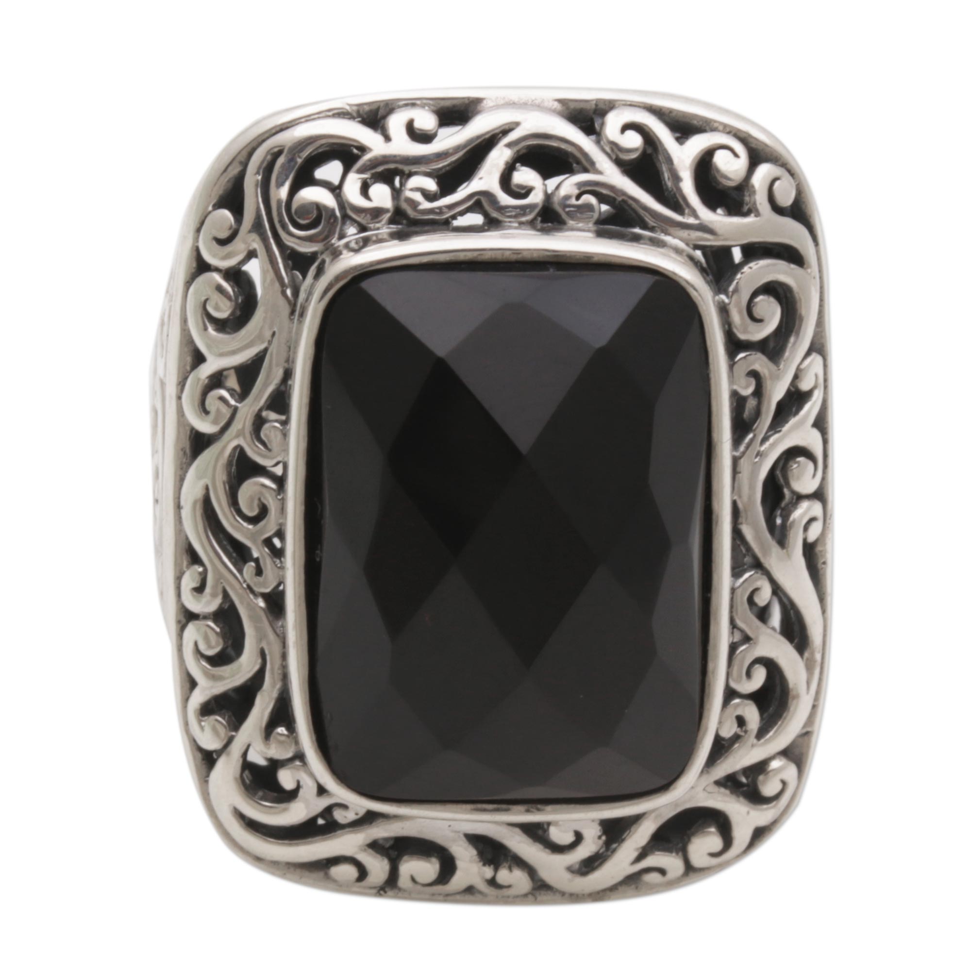 Premium Spiraling Black Onyx Silver Cocktail Ring - Handcrafted Elegance