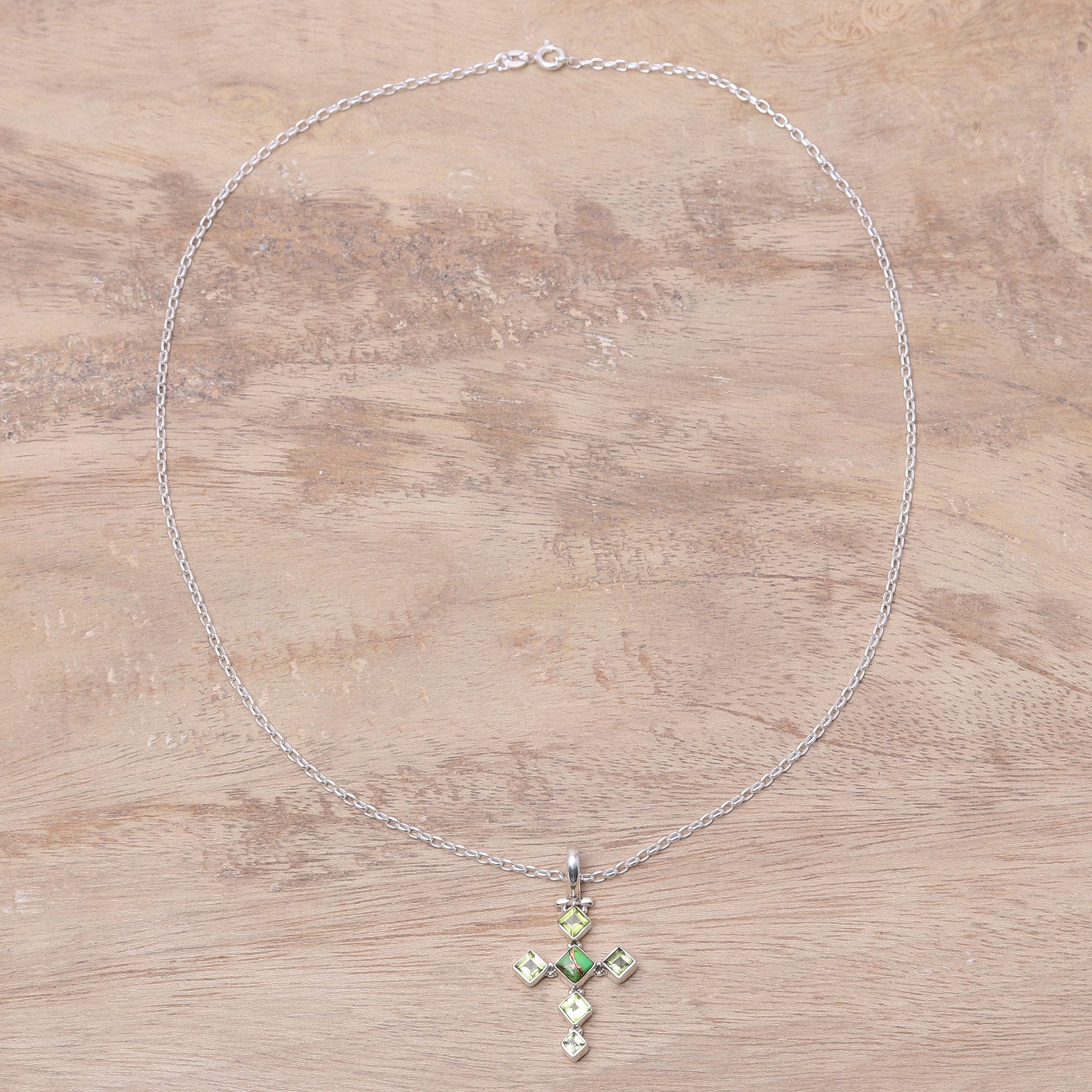 Premium Verdant Cross Pendant Necklace with Peridot and Turquoise