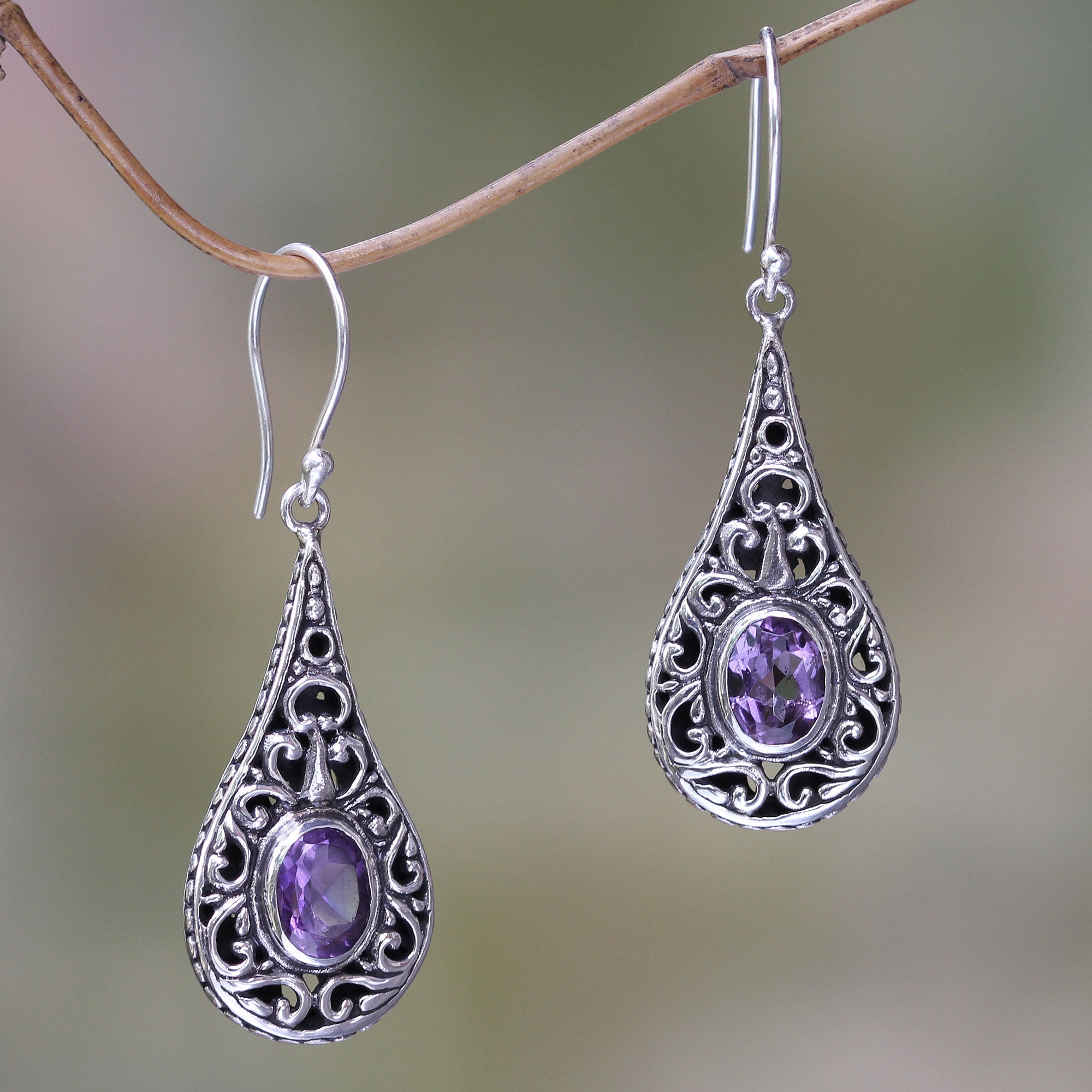 Premium Balinese Dew Artisan Earrings - Sterling Silver & Amethyst