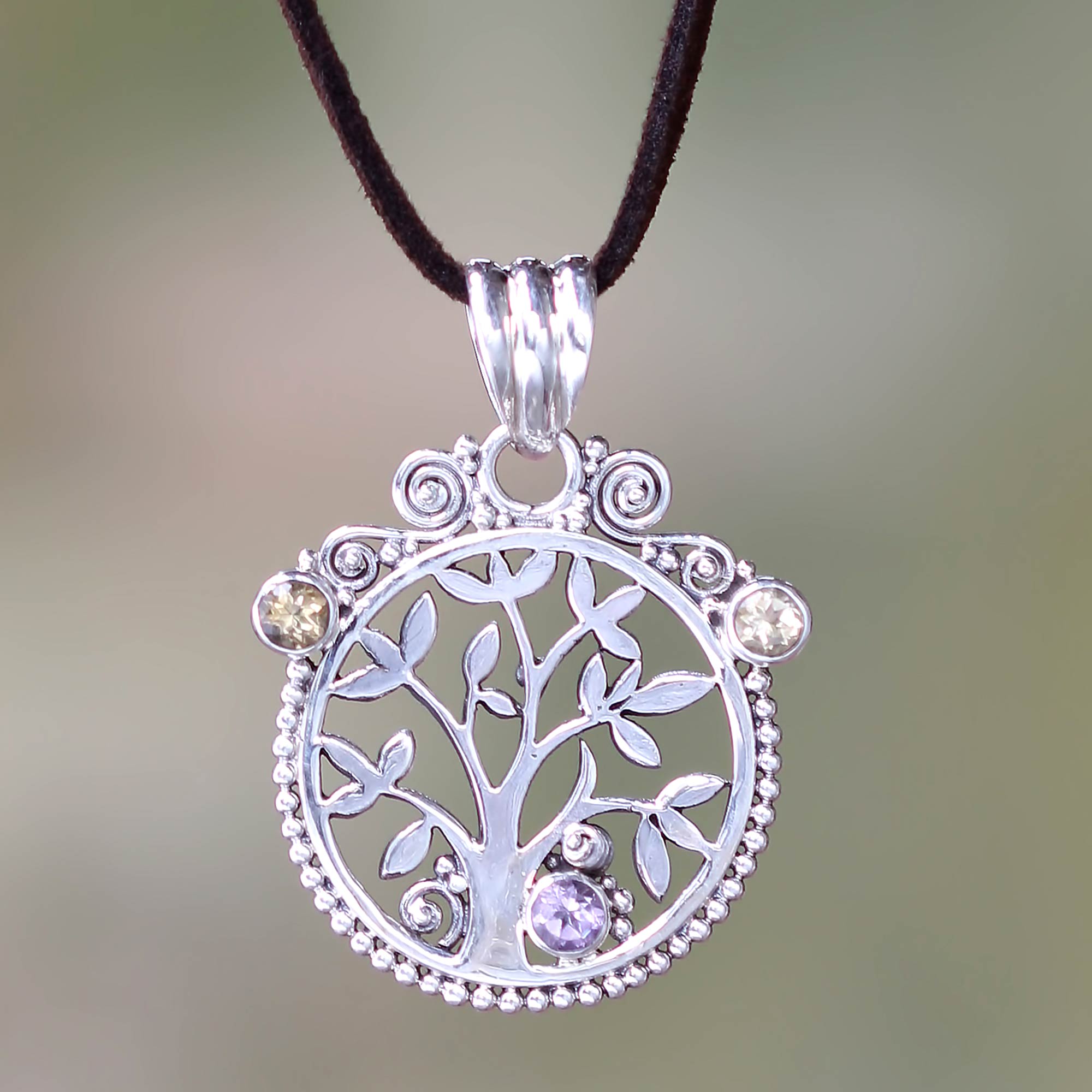 Premium Tree of Life Citrine & Amethyst Silver Necklace