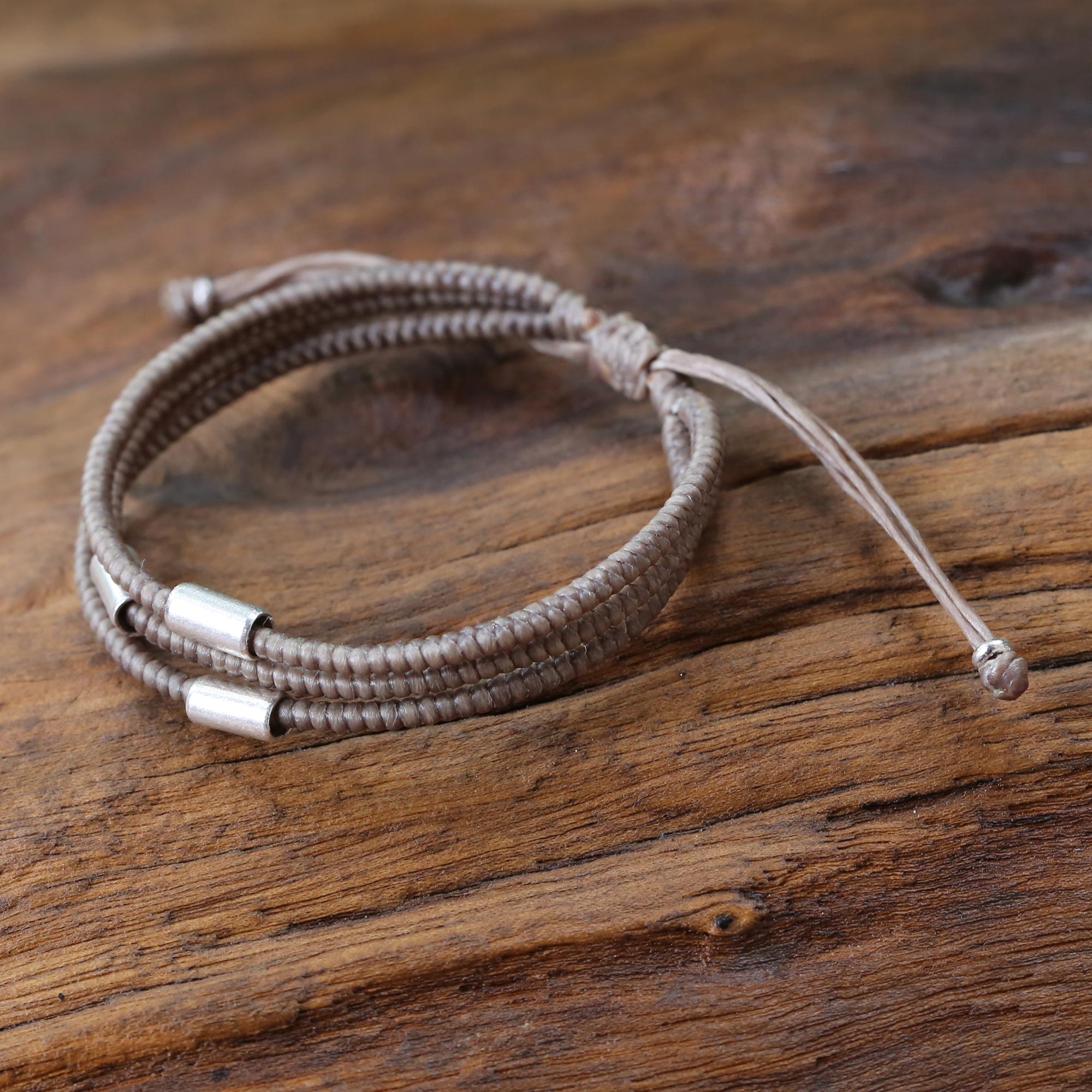 Premium Khaki Thai Silver Braided Bracelet - Handcrafted Hill Tribe Artistry