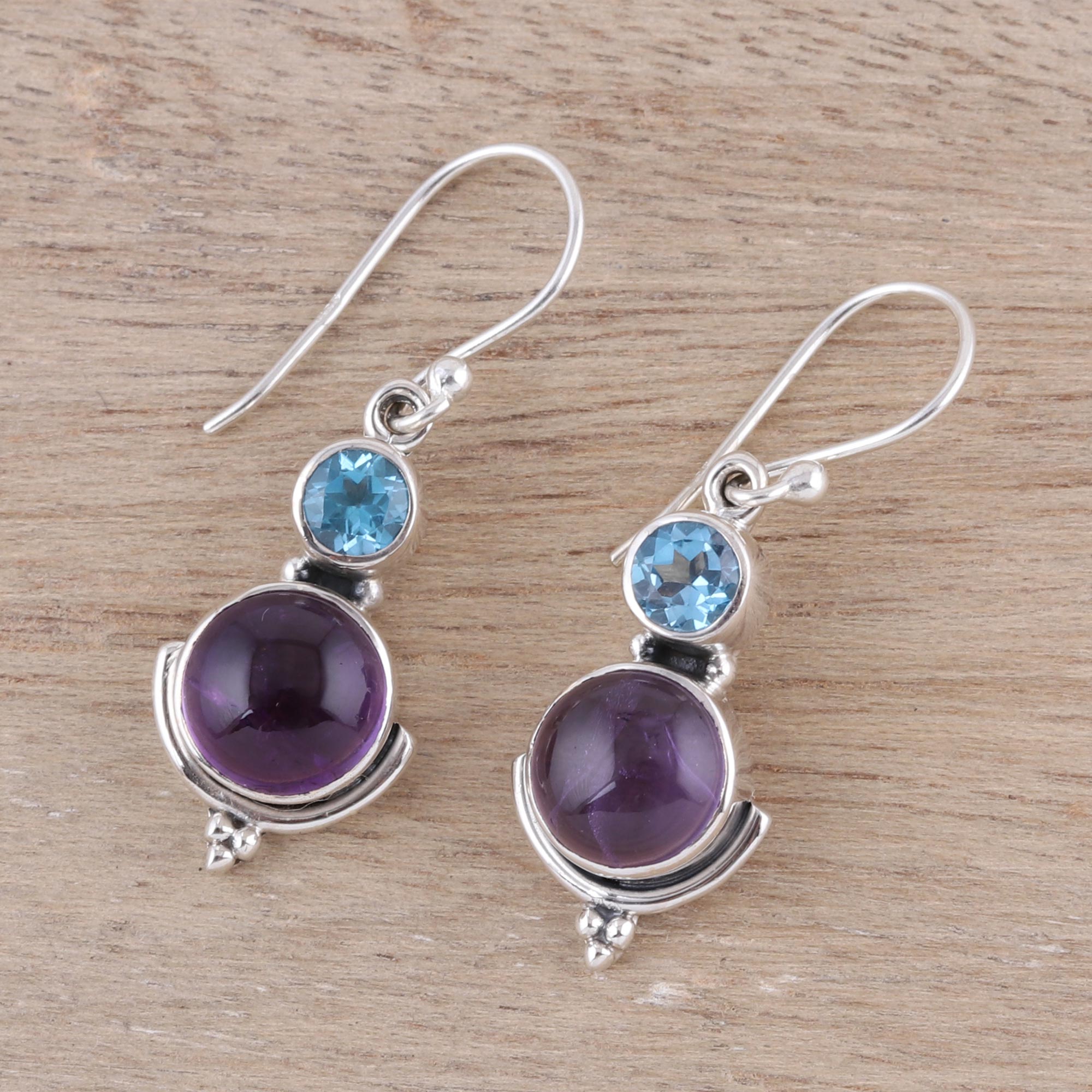 Premium Lively Harmony Amethyst & Blue Topaz Dangle Earrings - Handcrafted in India