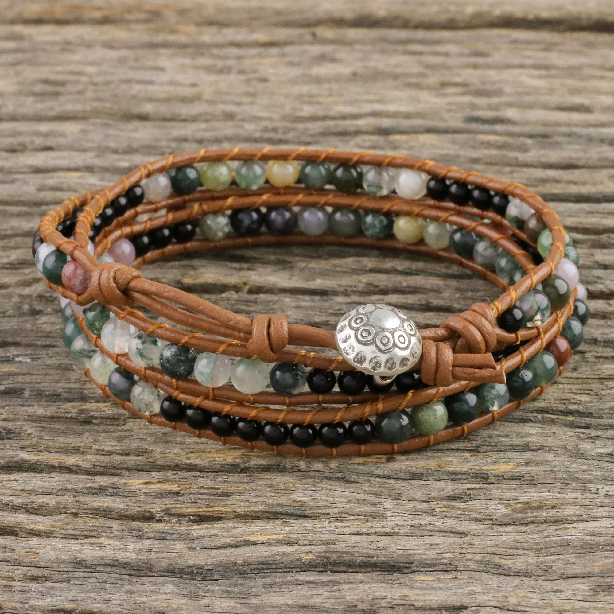 Premium Sunset Fields Moss Agate & Onyx Wrap Bracelet - Unisex Leather Cord Design