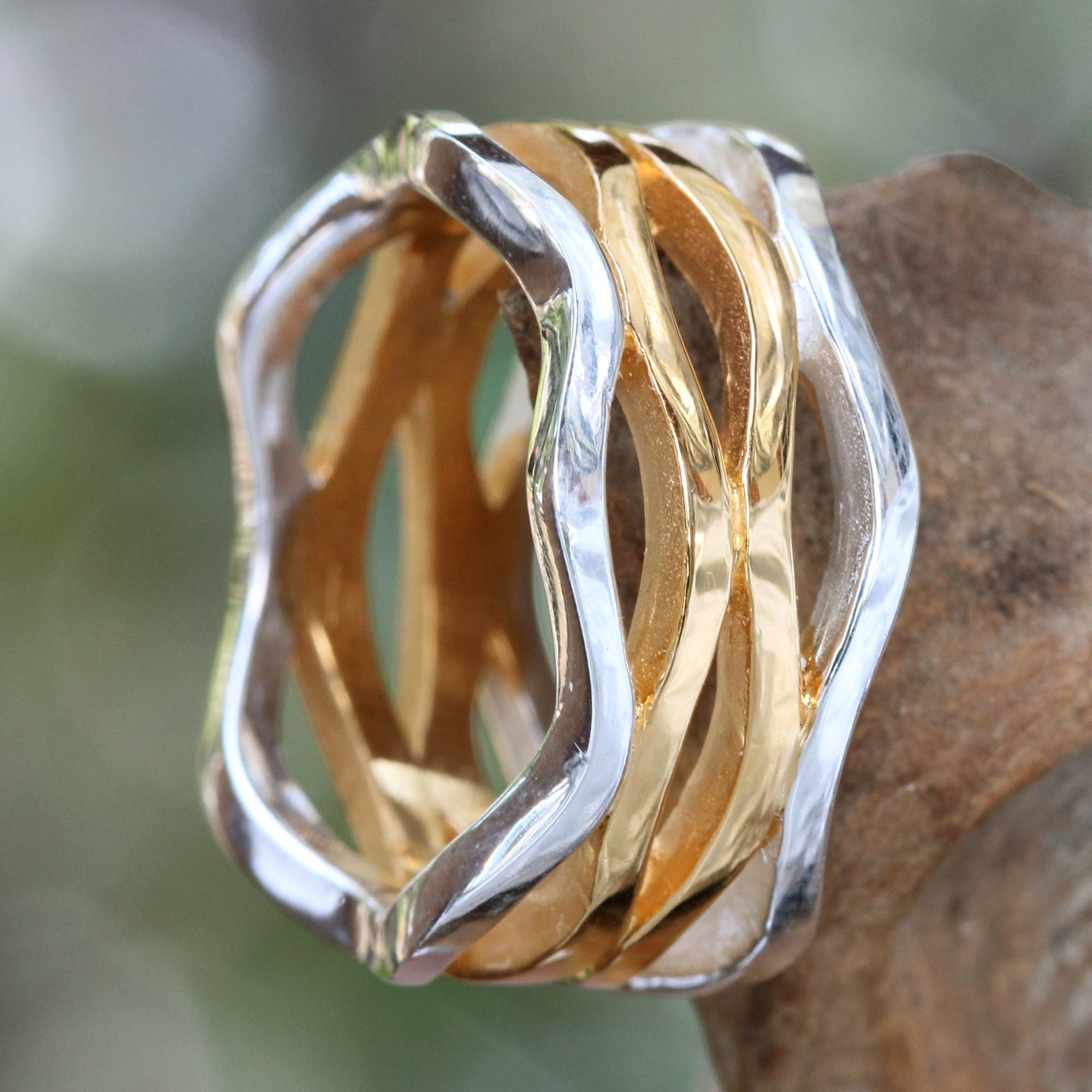 Premium Ocean Waves Sterling Silver & Gold Band Ring - Handcrafted Elegance