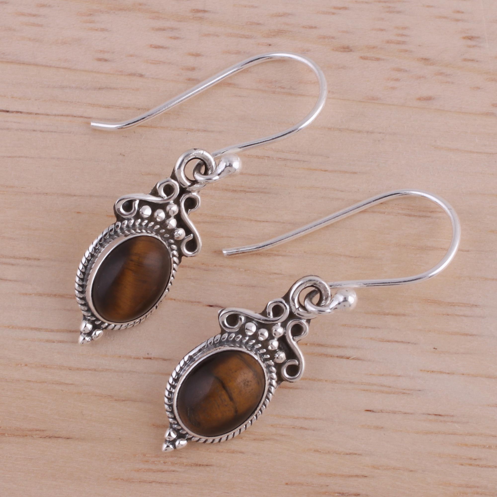 Premium Tiger's Eye Sterling Silver Dangle Earrings - Handcrafted in India