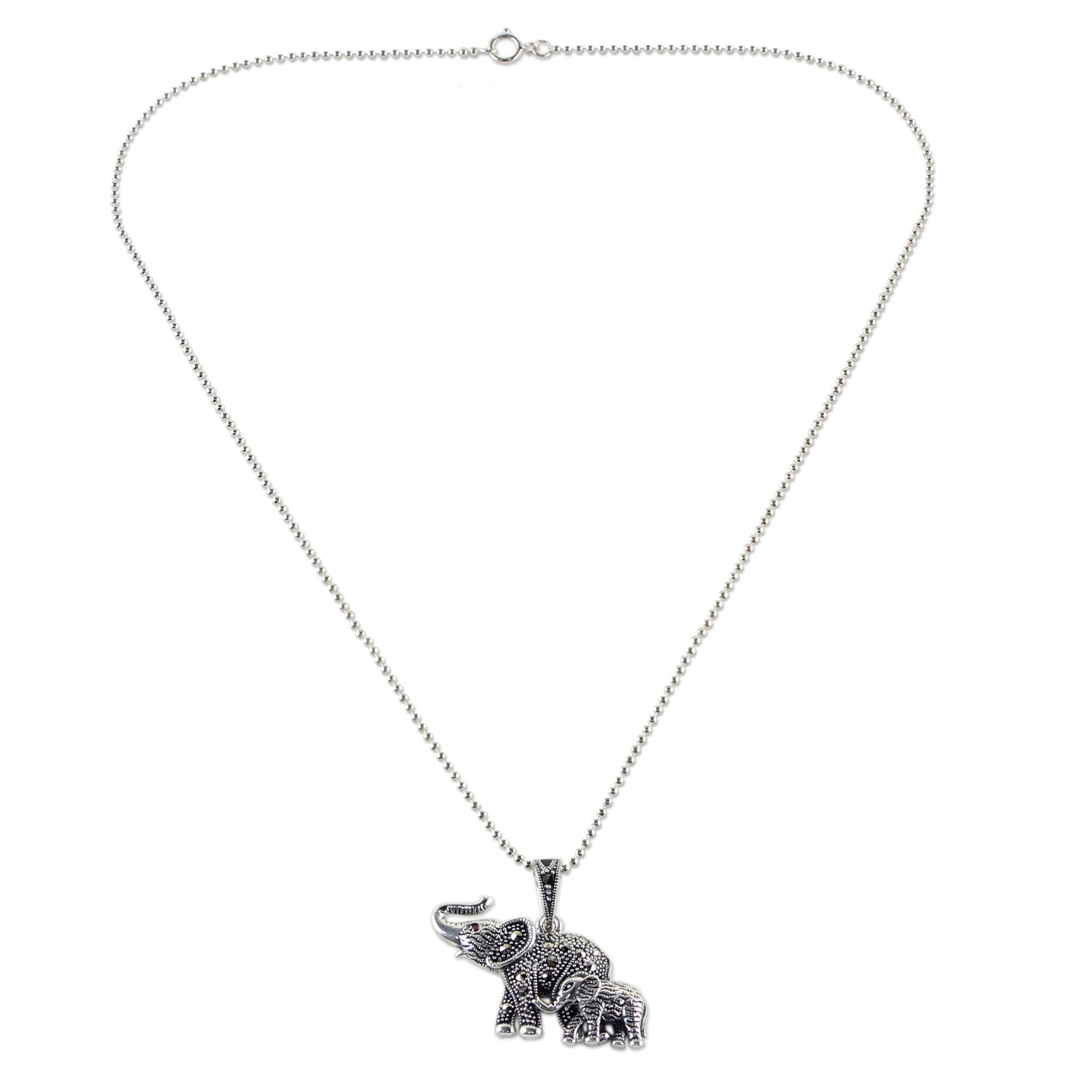 Premium Glistening Elephants Marcasite & Sterling Silver Pendant Necklace