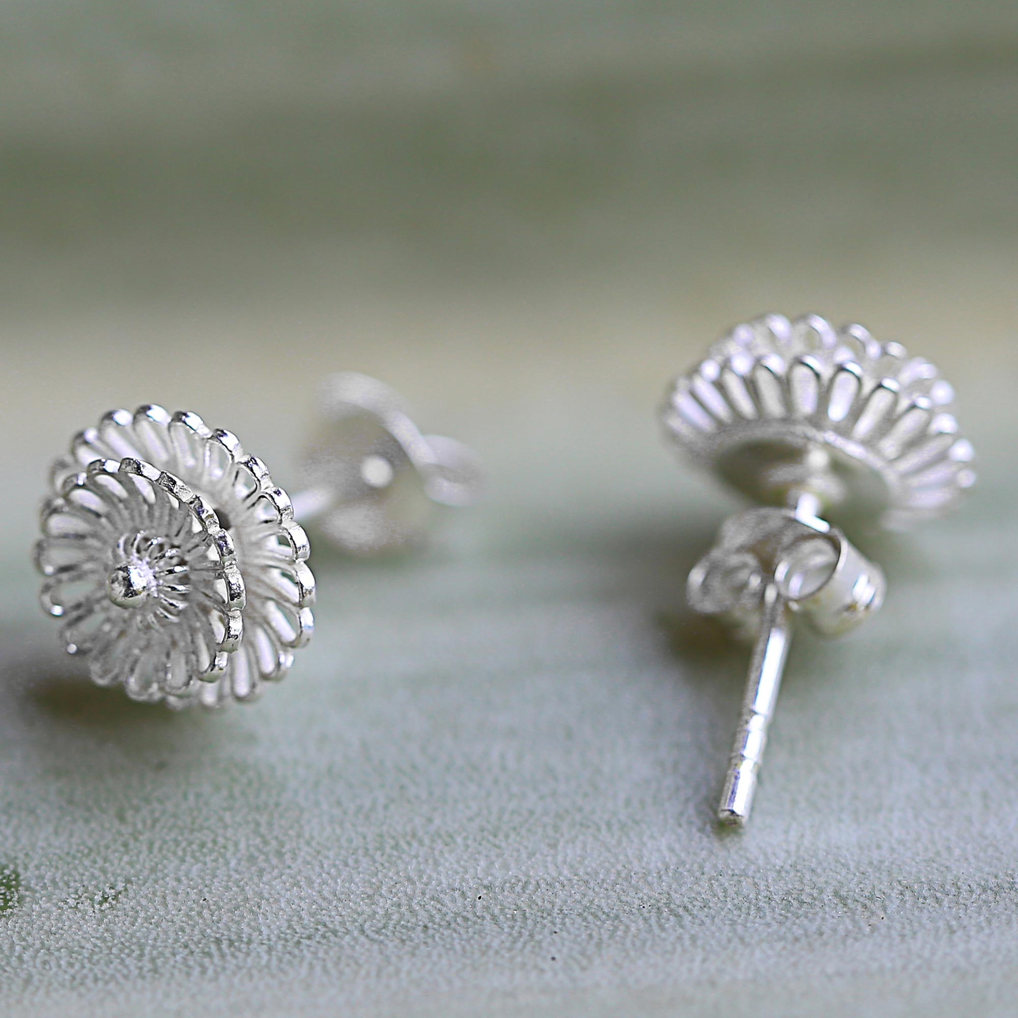 Premium Zinnia Flower Sterling Silver Stud Earrings - Handcrafted Elegance