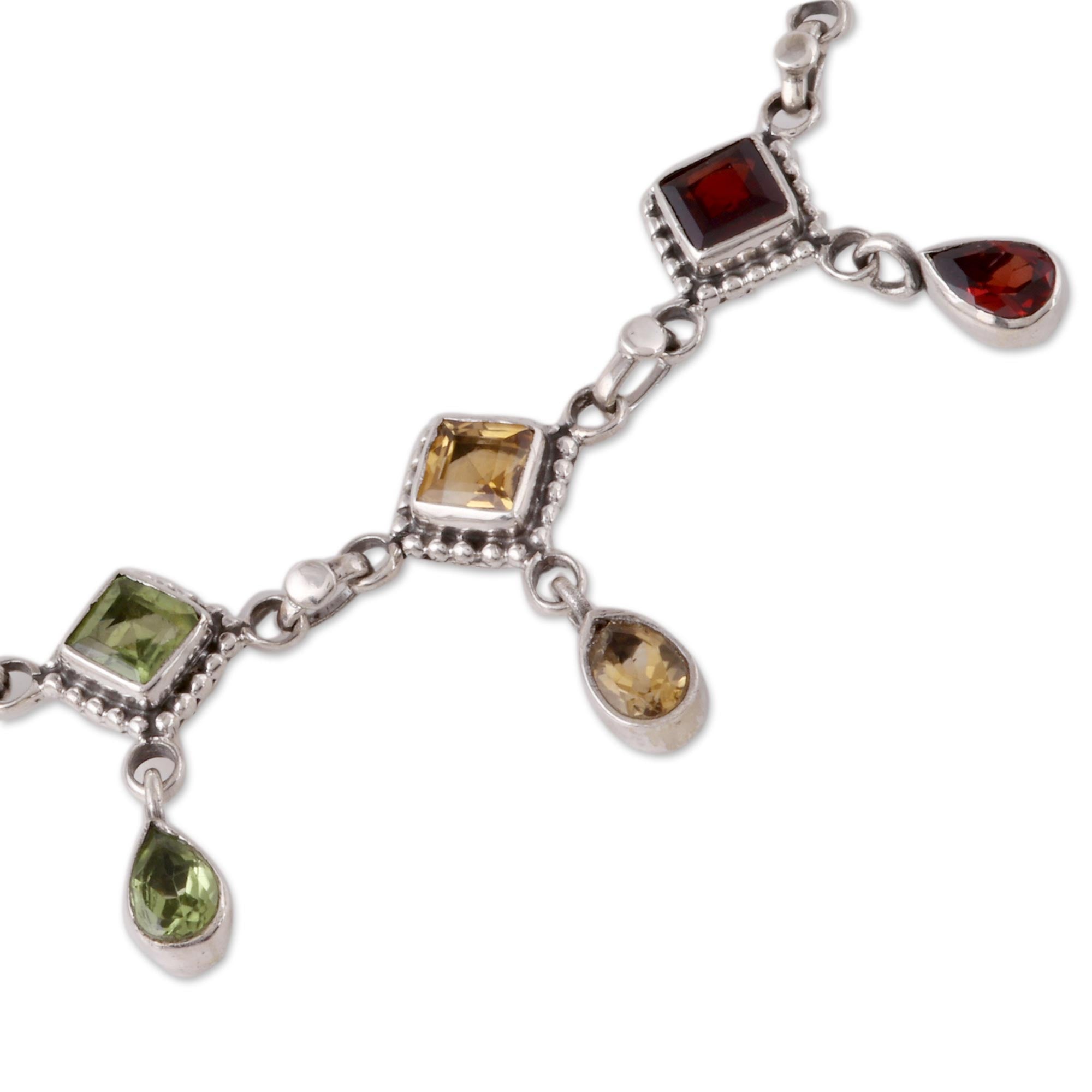 Premium Shimmering Light Multi-Gemstone Link Necklace - Handcrafted in India