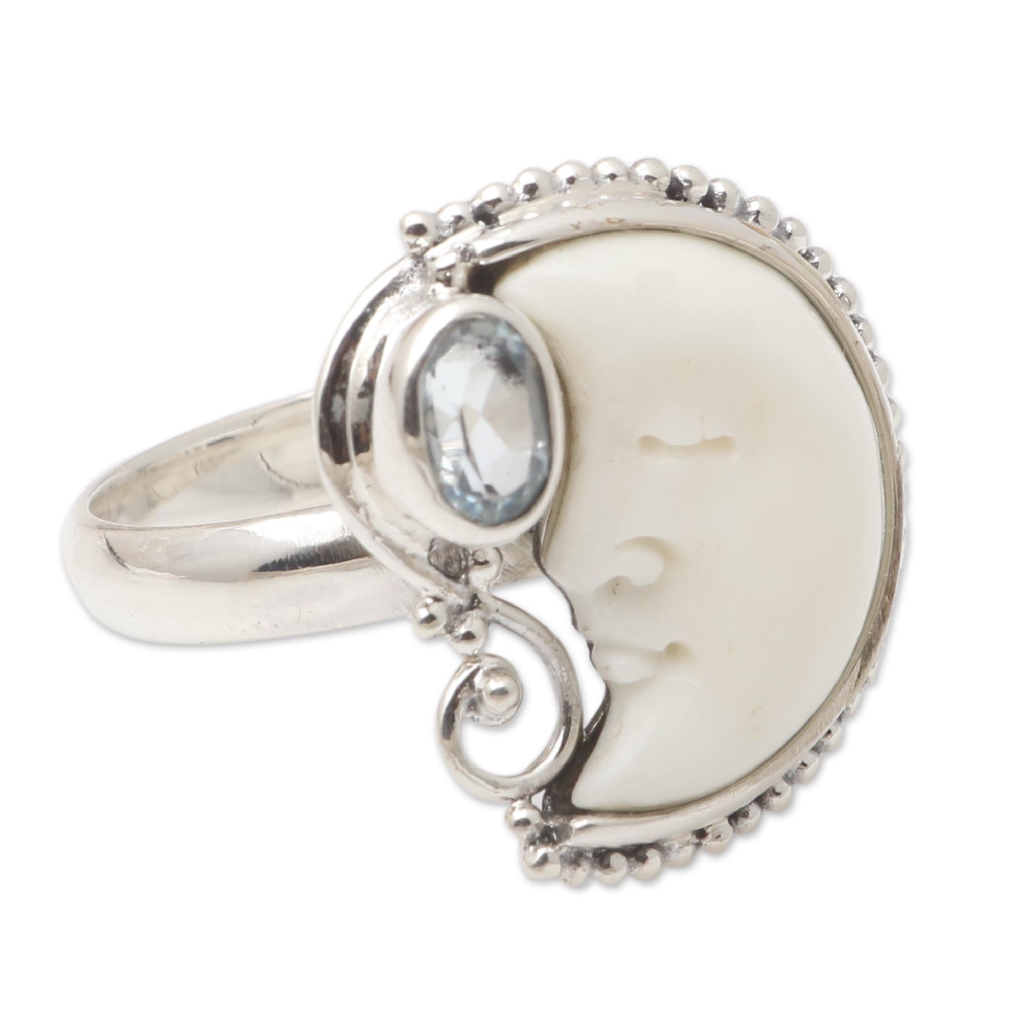 Premium Sleeping Moon Blue Topaz & Sterling Silver Crescent Moon Ring