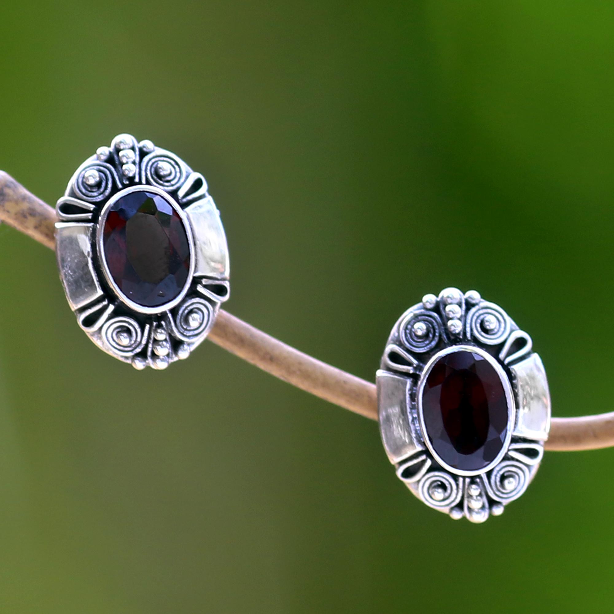 Premium Exuberance Garnet Sterling Silver Button Earrings