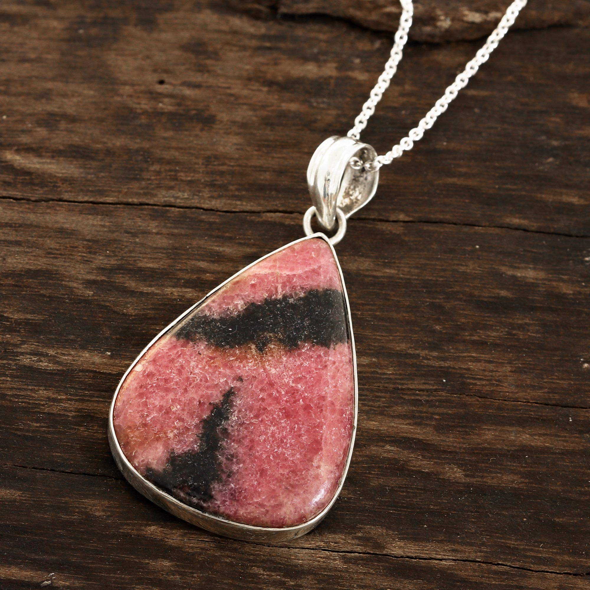 Premium Calming Earth Rhodonite Pendant Necklace - Handcrafted in India