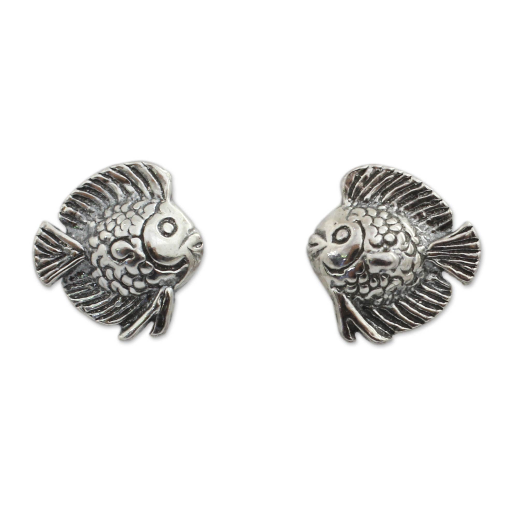 Premium Happy Fish Sterling Silver Button Earrings