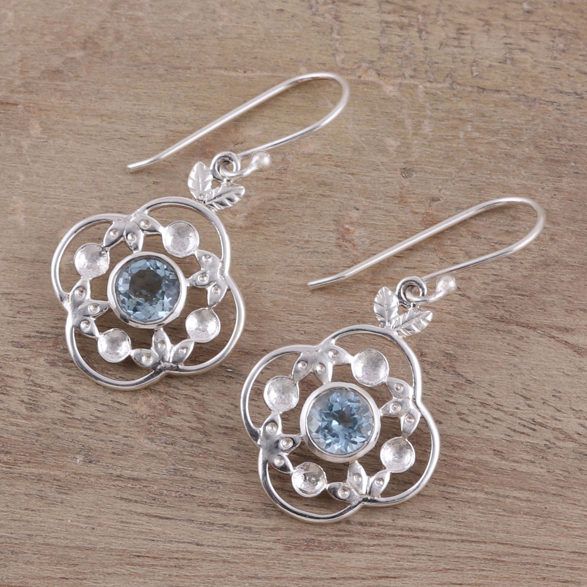 Premium Blue Topaz Flower Dangle Earrings in Sterling Silver