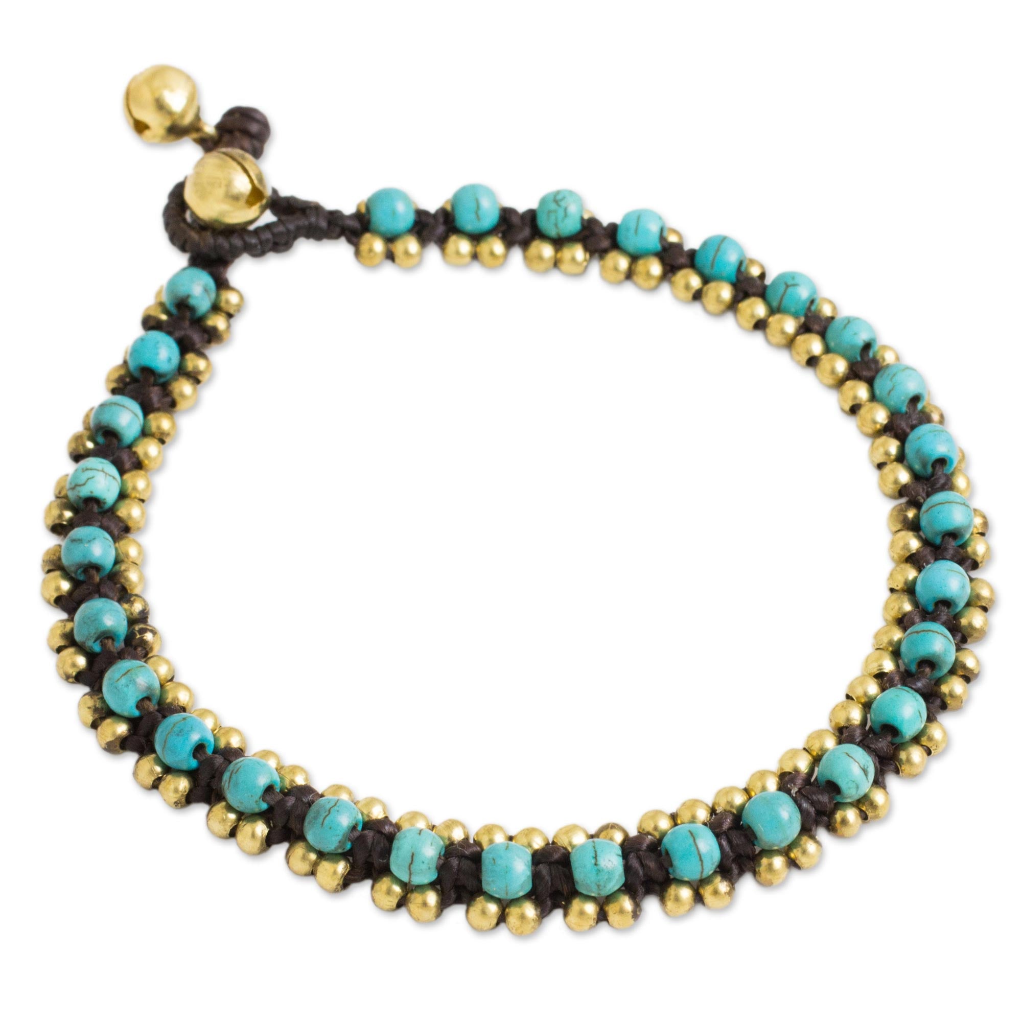 Premium Blue Calcite Brass Beaded Anklet with Tinkling Bells