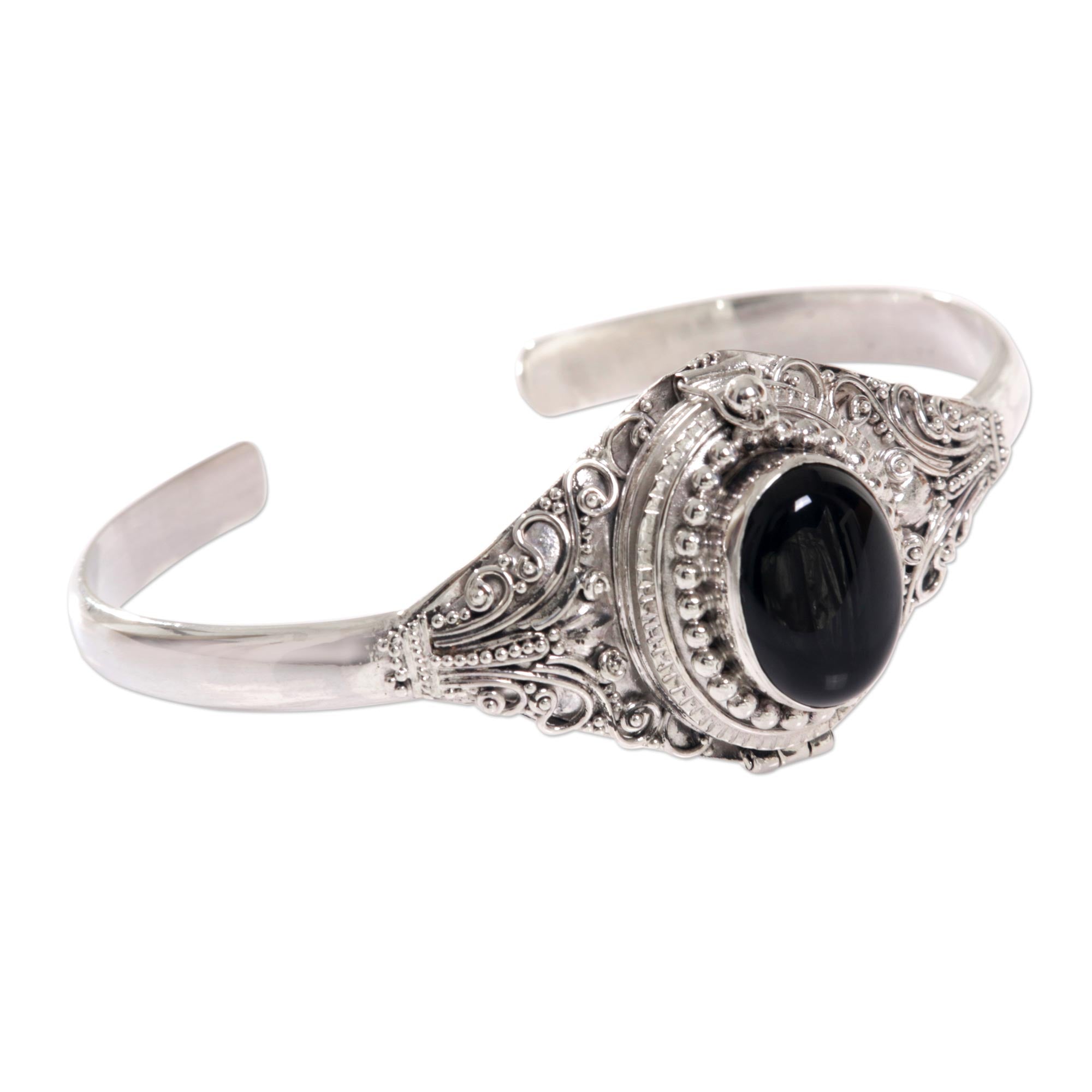 Premium Onyx & Sterling Silver Cuff Locket Bracelet - Handcrafted in Bali