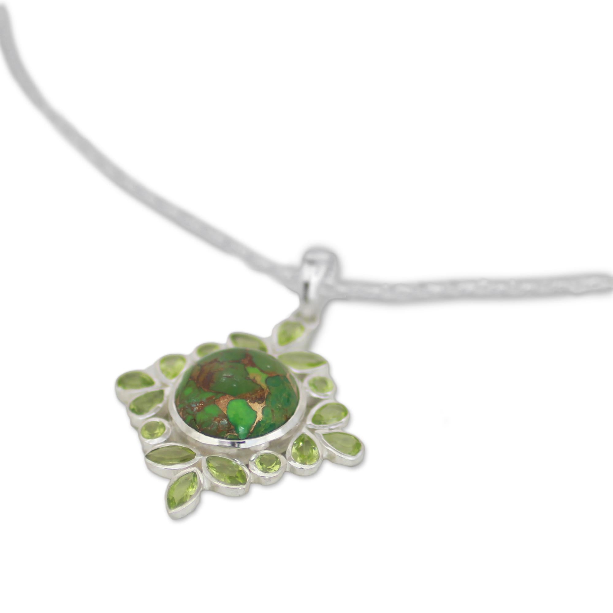 Premium Green Turquoise & Peridot Pendant Necklace - Handcrafted Sterling Silver Jewelry