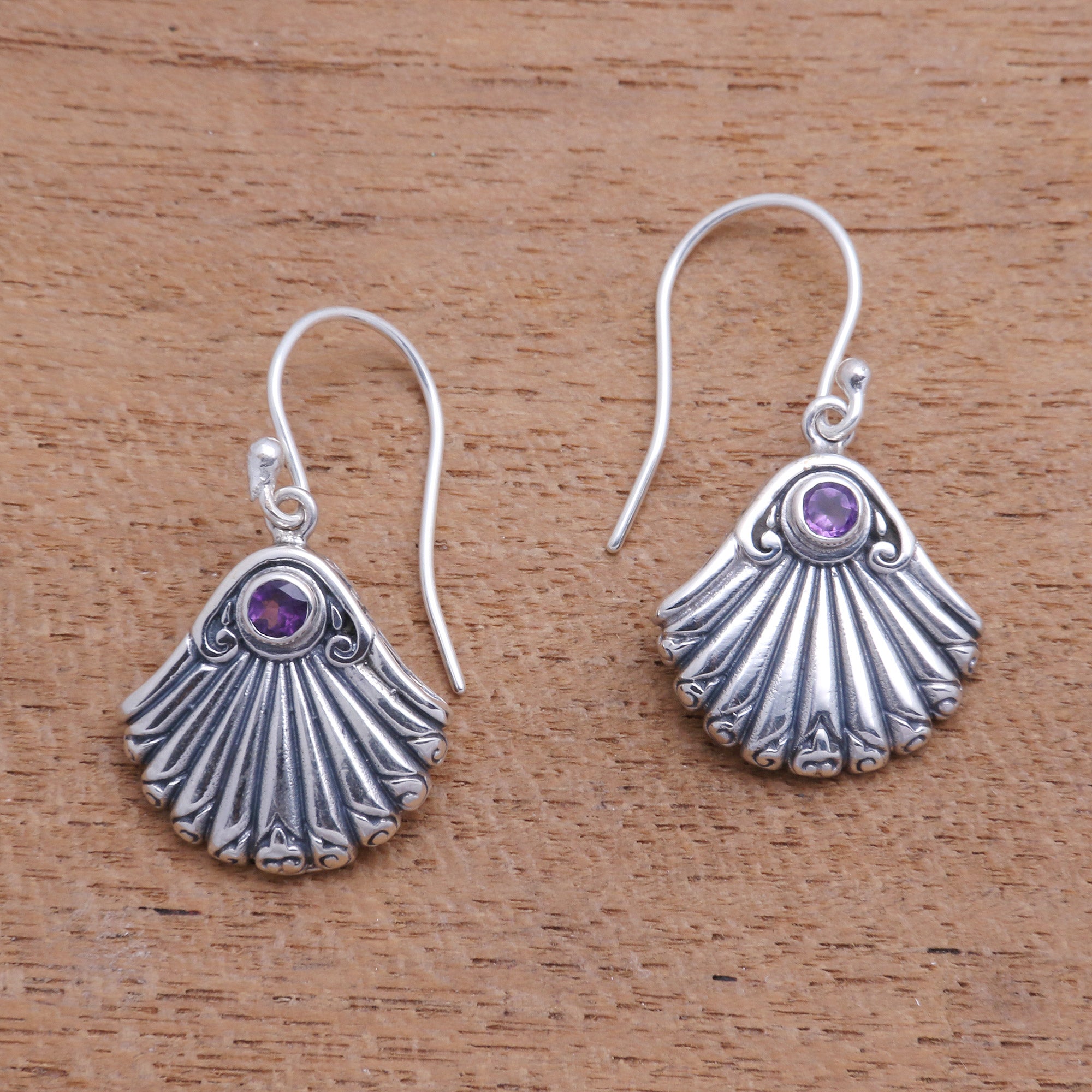 Premium Bali Amethyst Seashell Dangle Earrings - Handcrafted Sterling Silver