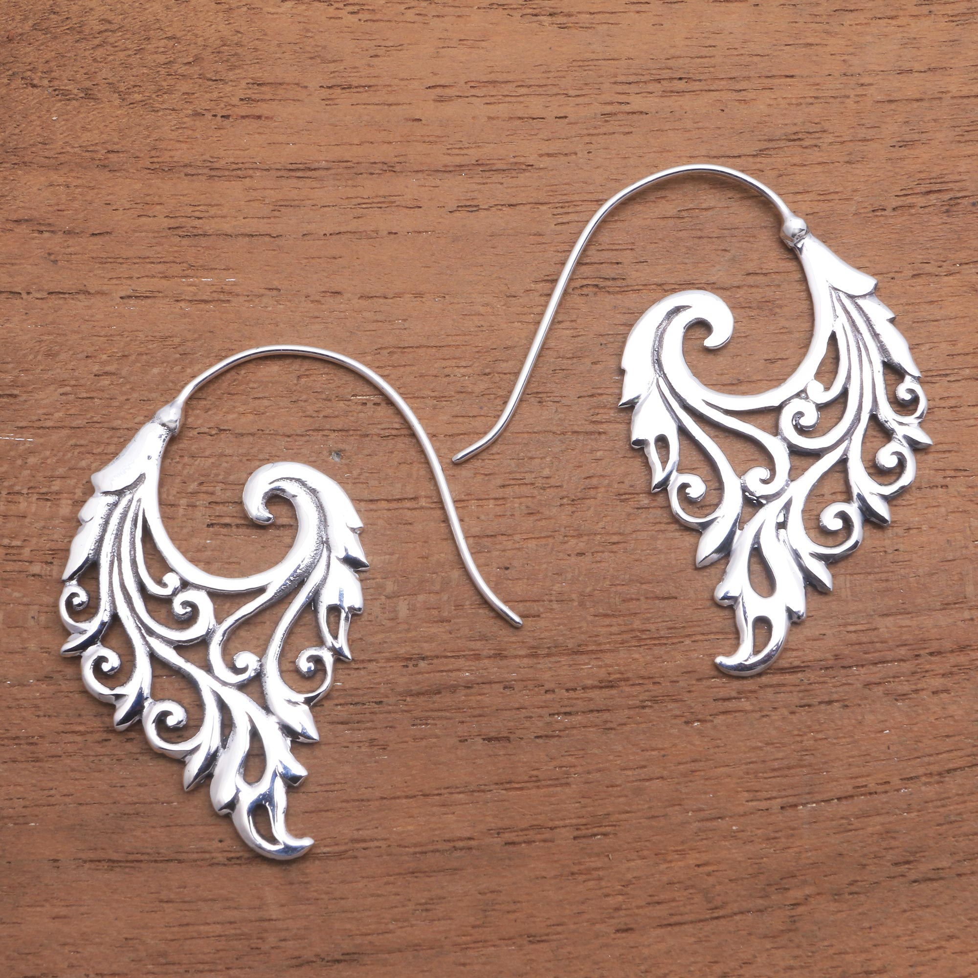 Premium Bali Sterling Silver Half-Hoop Earrings with Vine Motif