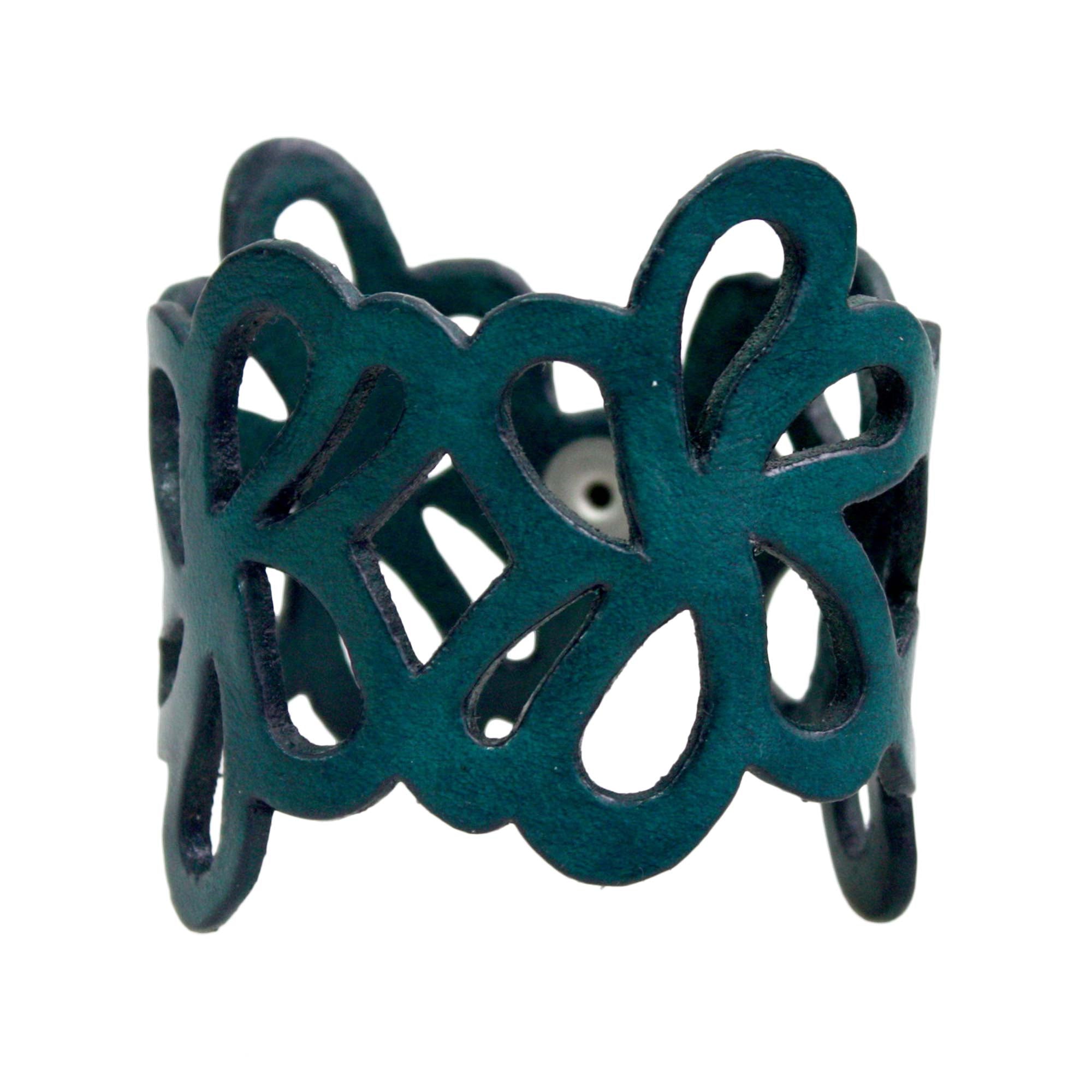 Premium Dark Teal Petals Leather Cuff Bracelet - Handcrafted Tropical Floral Design