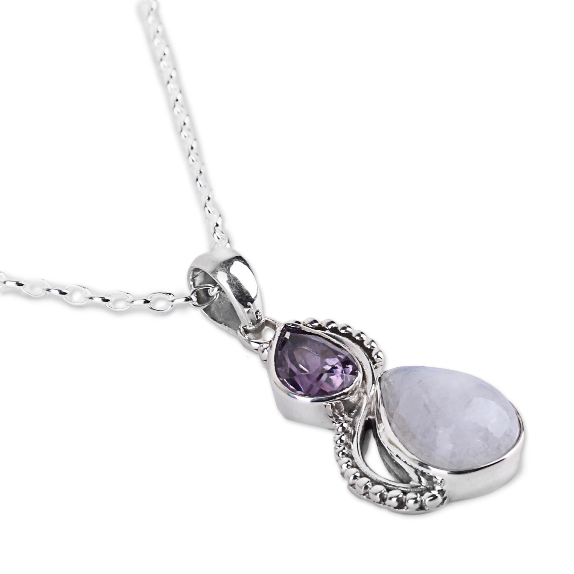 Premium Amethyst & Moonstone Teardrop Pendant Necklace - Handcrafted Elegance