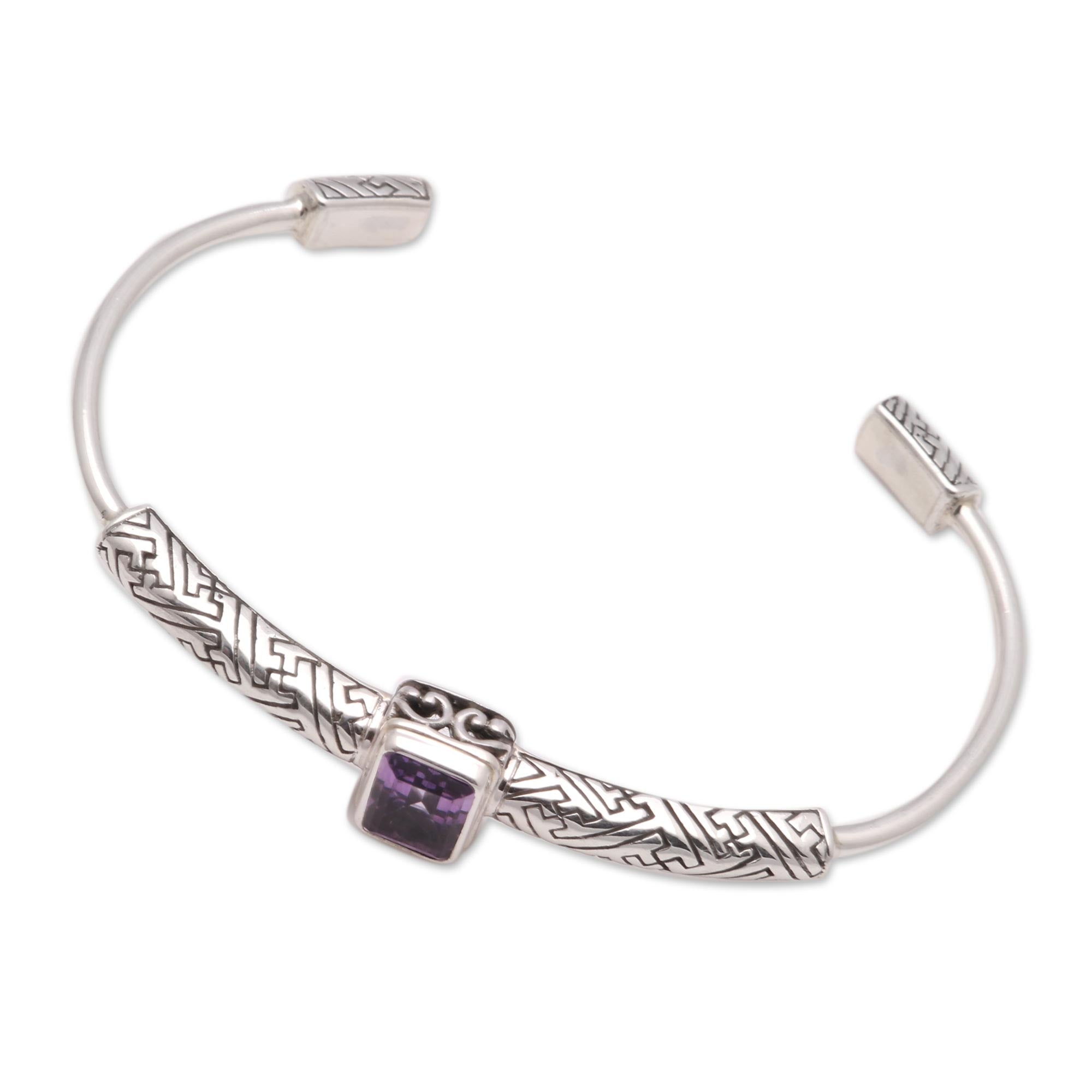 Premium 2-Carat Amethyst Cuff Bracelet - Handcrafted Sterling Silver Jewelry from Bali