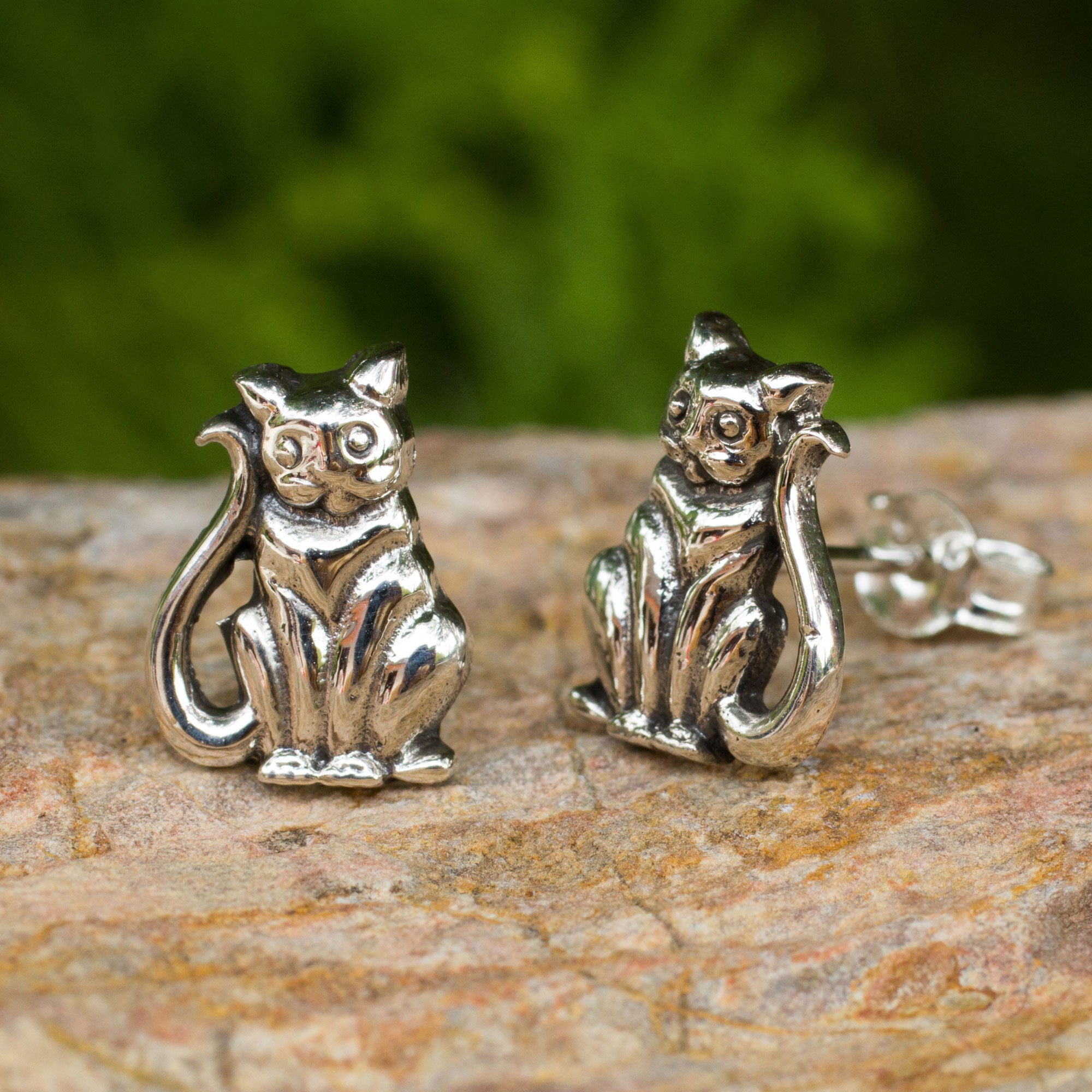 Premium Silver Cat Button Earrings - Handmade Fair Trade