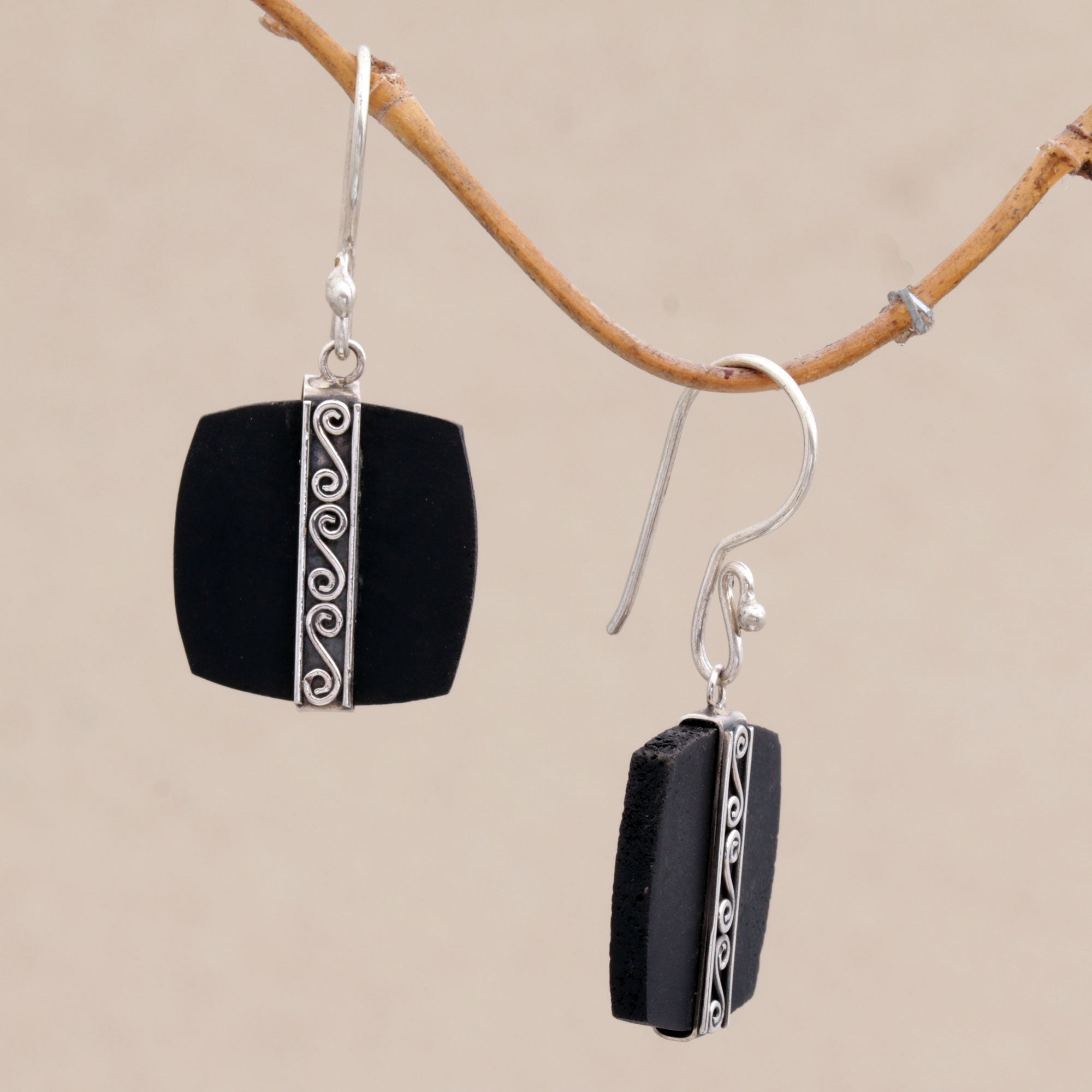 Premium Sterling Silver & Lava Stone Drop Earrings by Rupadana