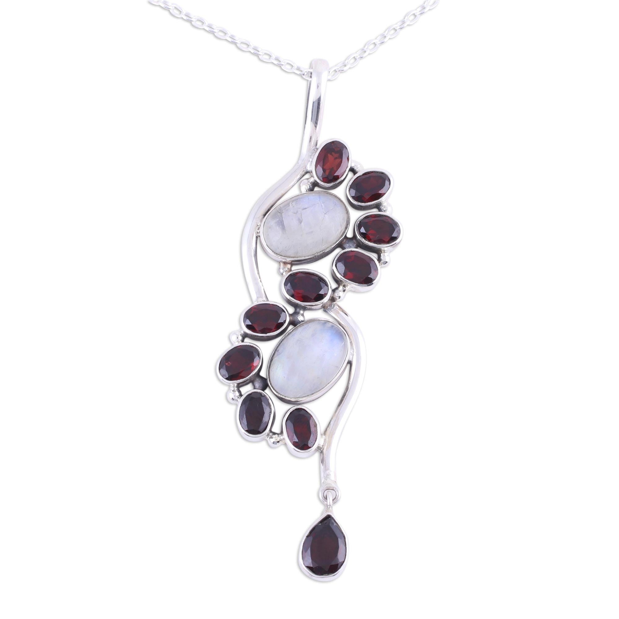 Premium Spiral Garnet & Rainbow Moonstone Pendant Necklace - Handcrafted Sterling Silver Jewelry