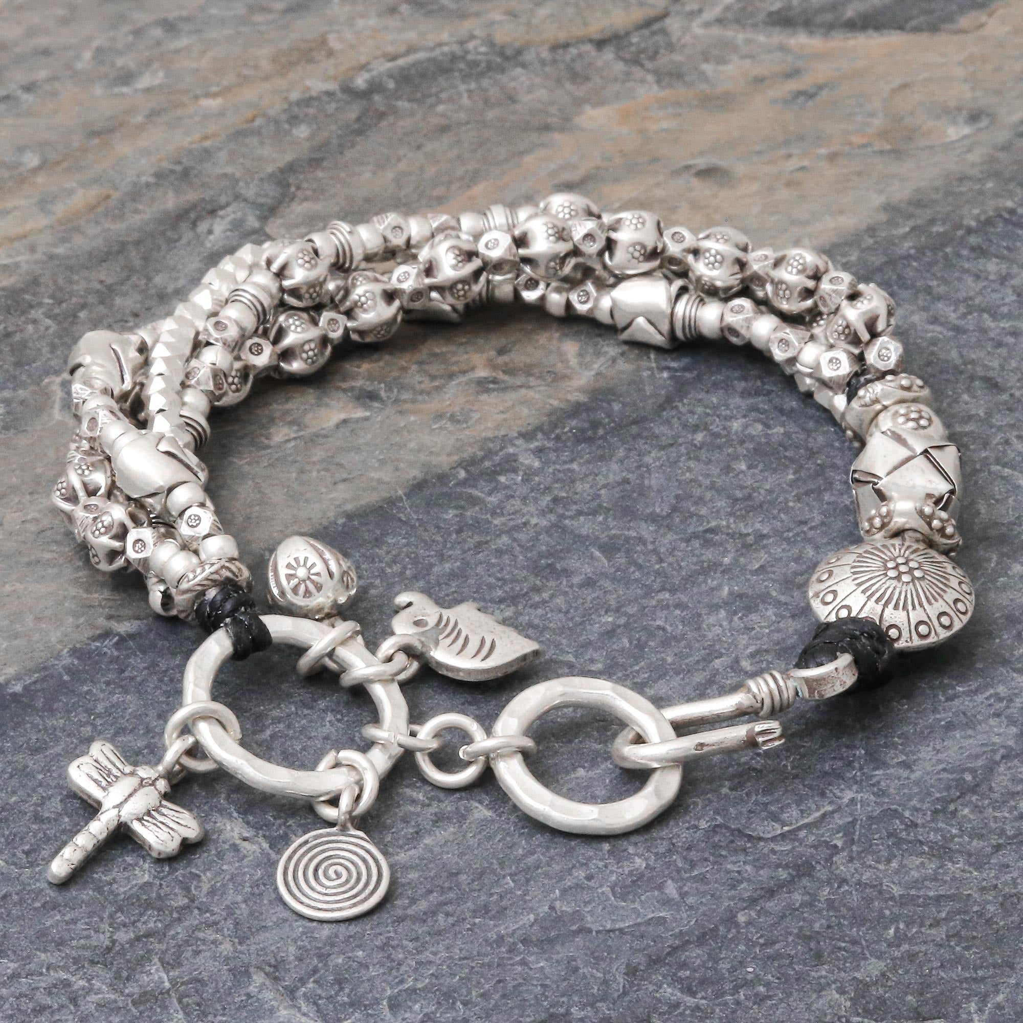 Premium Karen Hill Tribe 950 Silver Beaded Bracelet - Elephant & Dragonfly Charms