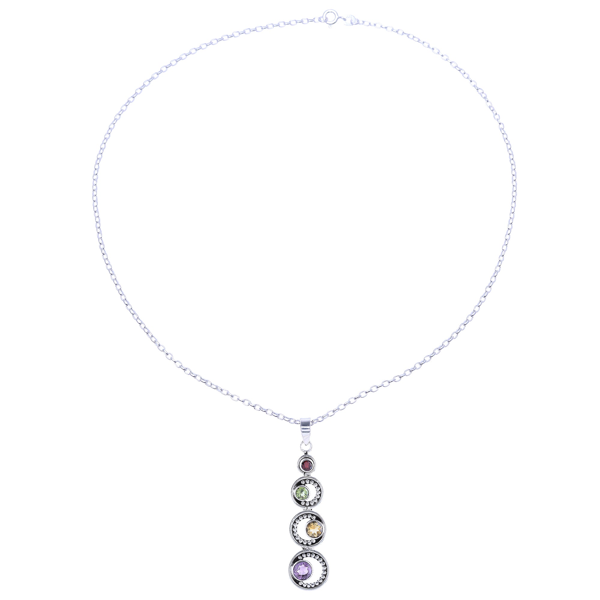 Premium Multi-Gemstone Crescent Pendant Necklace - Handcrafted Sterling Silver Jewelry from India