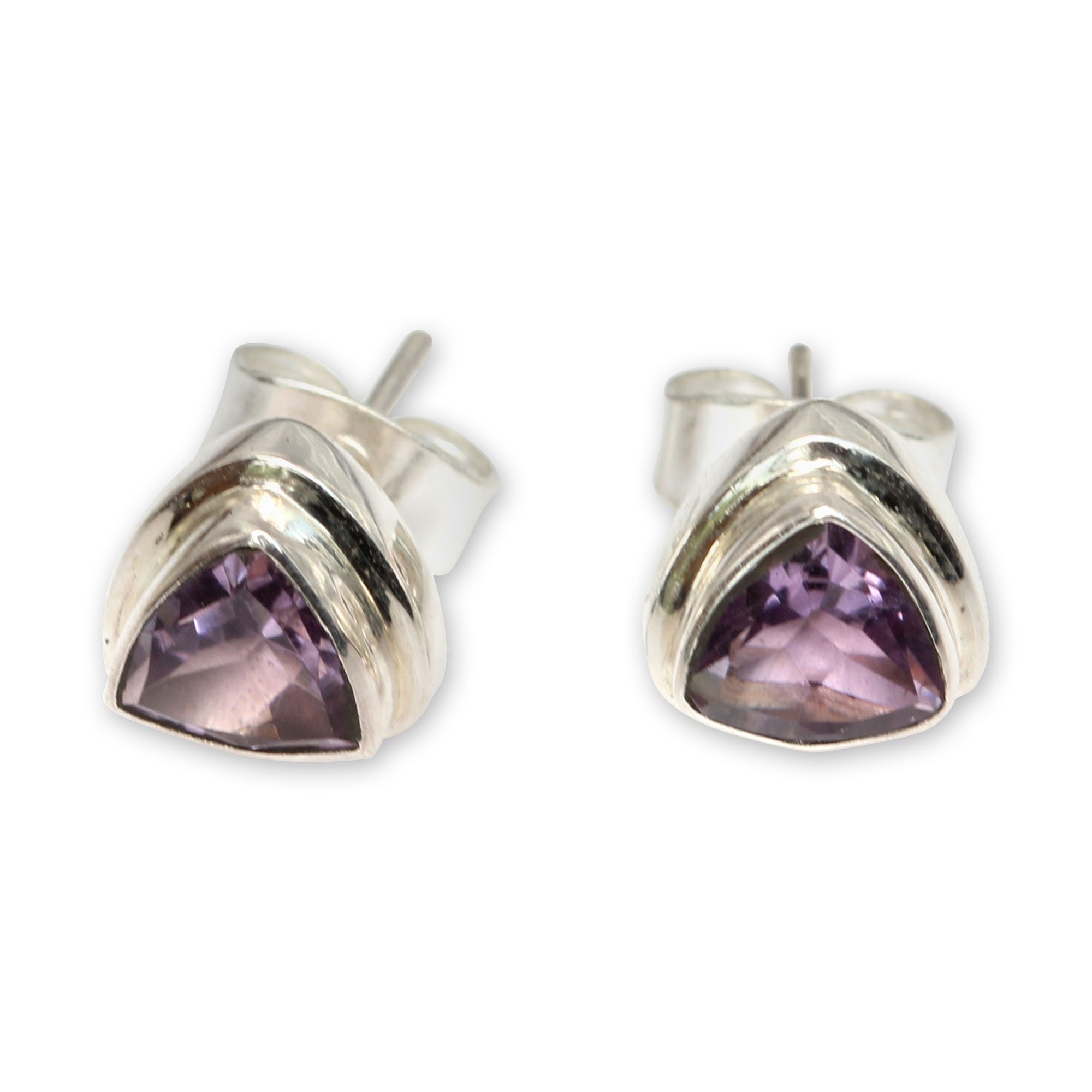 Premium Trinity Amethyst Sterling Silver Stud Earrings - Handcrafted Artisan Jewelry