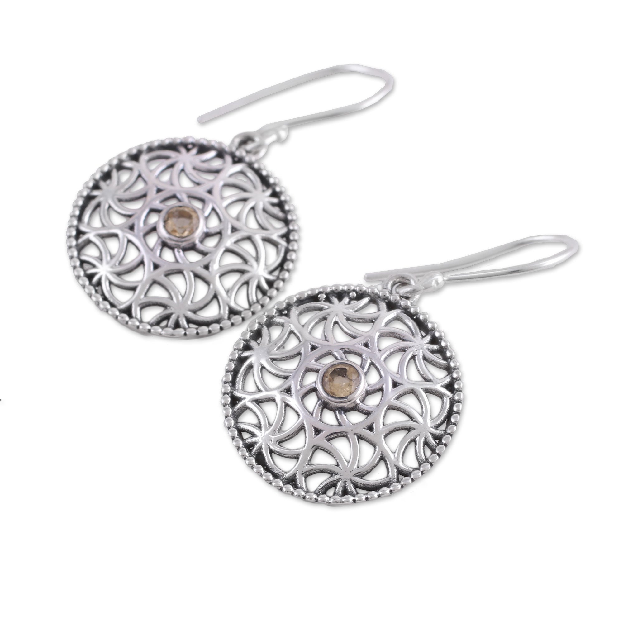 Premium Circular Stars Citrine Dangle Earrings - Handcrafted Sterling Silver Jewelry from India