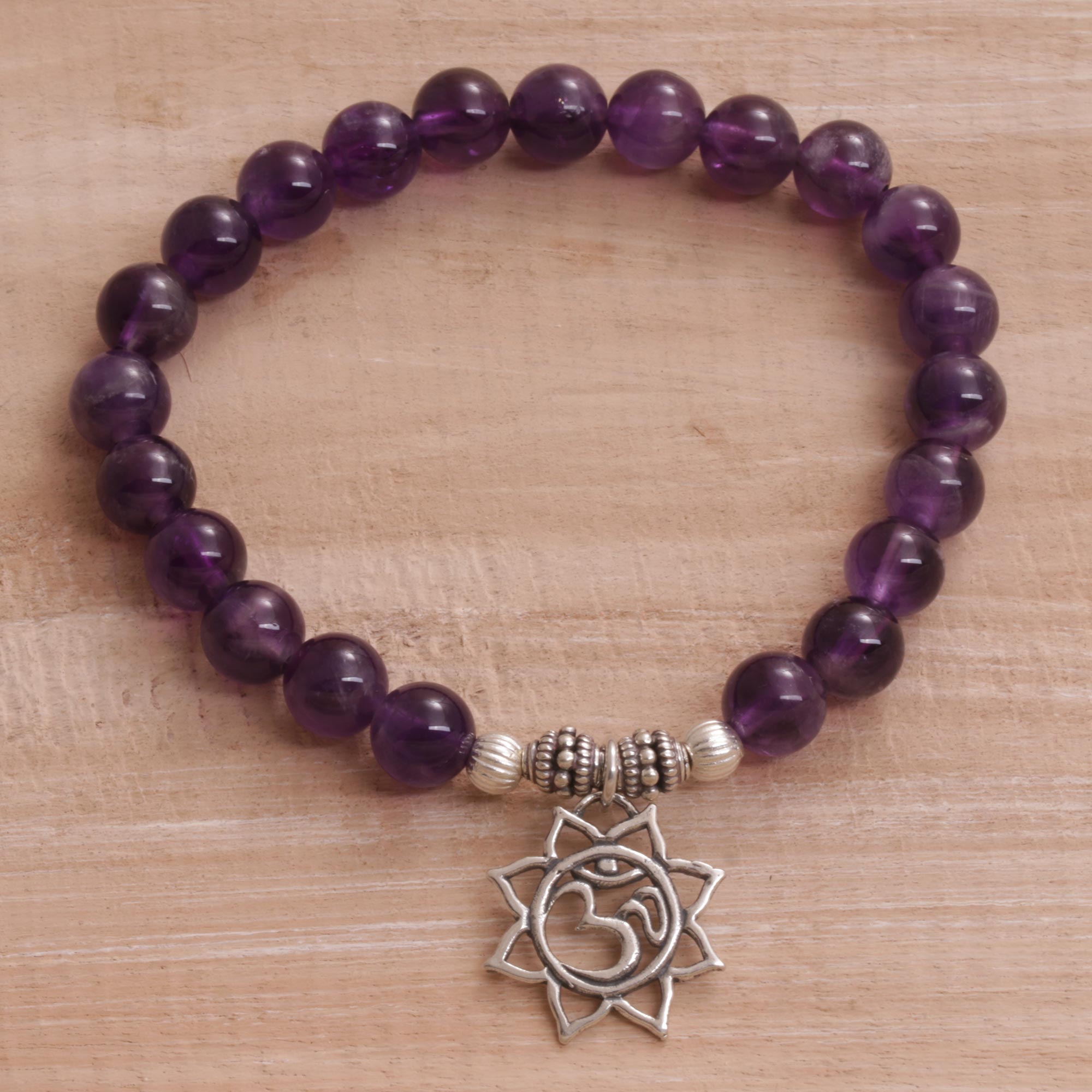 Premium Om Amethyst Floral Bracelet - Handcrafted in Bali