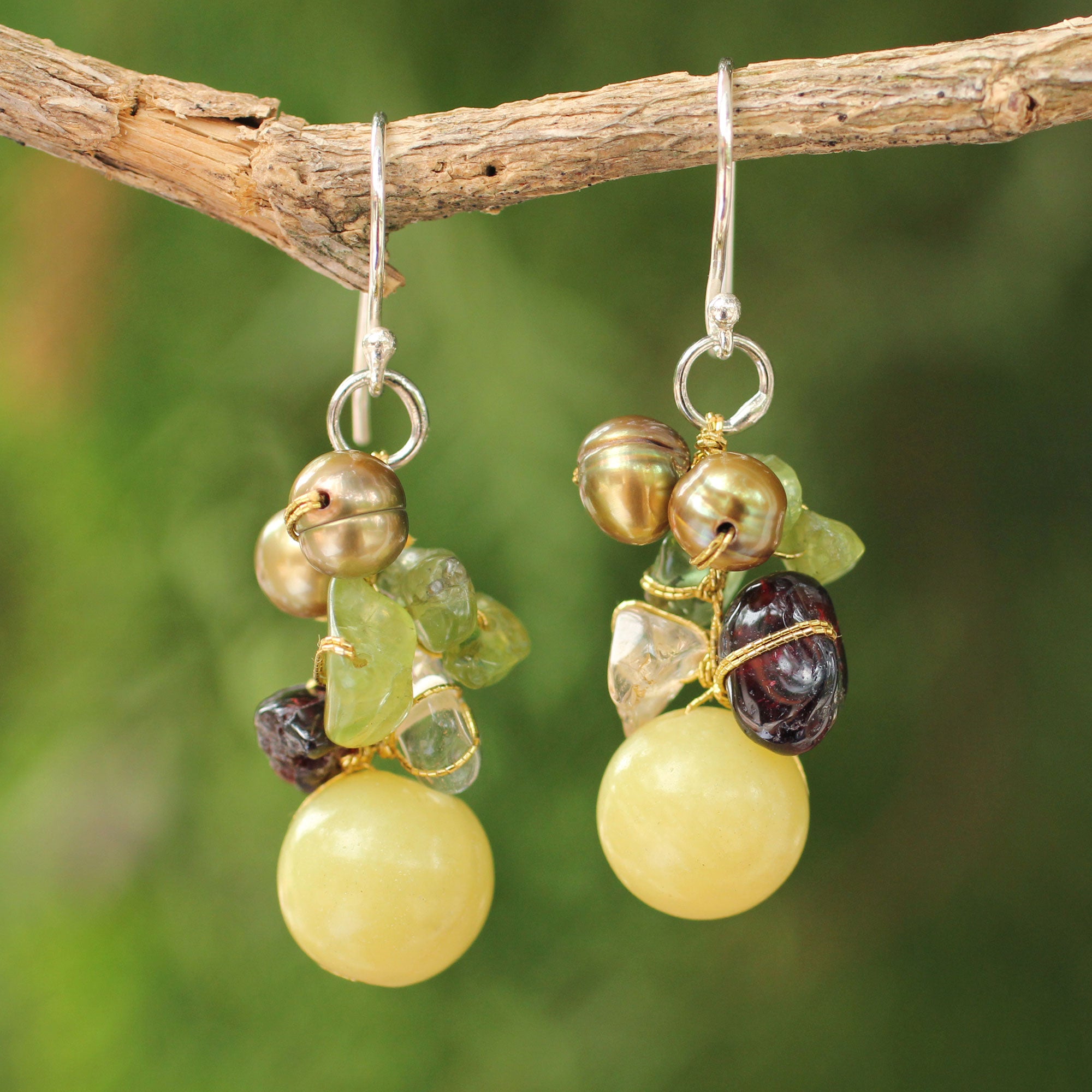 Premium Gemstone & Freshwater Pearl Cluster Earrings - Handmade in Thailand