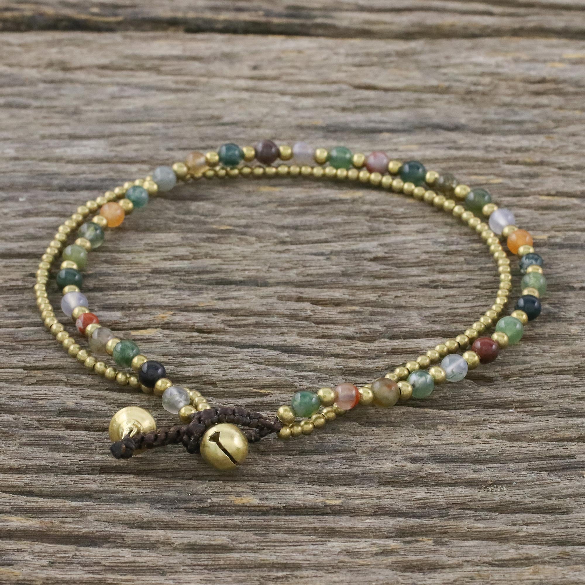 Premium Multi-Color Agate & Brass Beaded Anklet with Bells - Handcrafted Jewelry