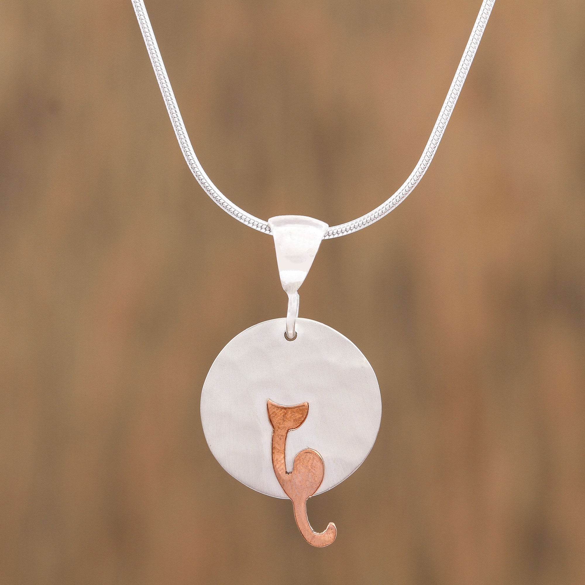 Premium Lunar Cat Pendant Necklace - Handcrafted Sterling Silver & Copper Jewelry from Mexico