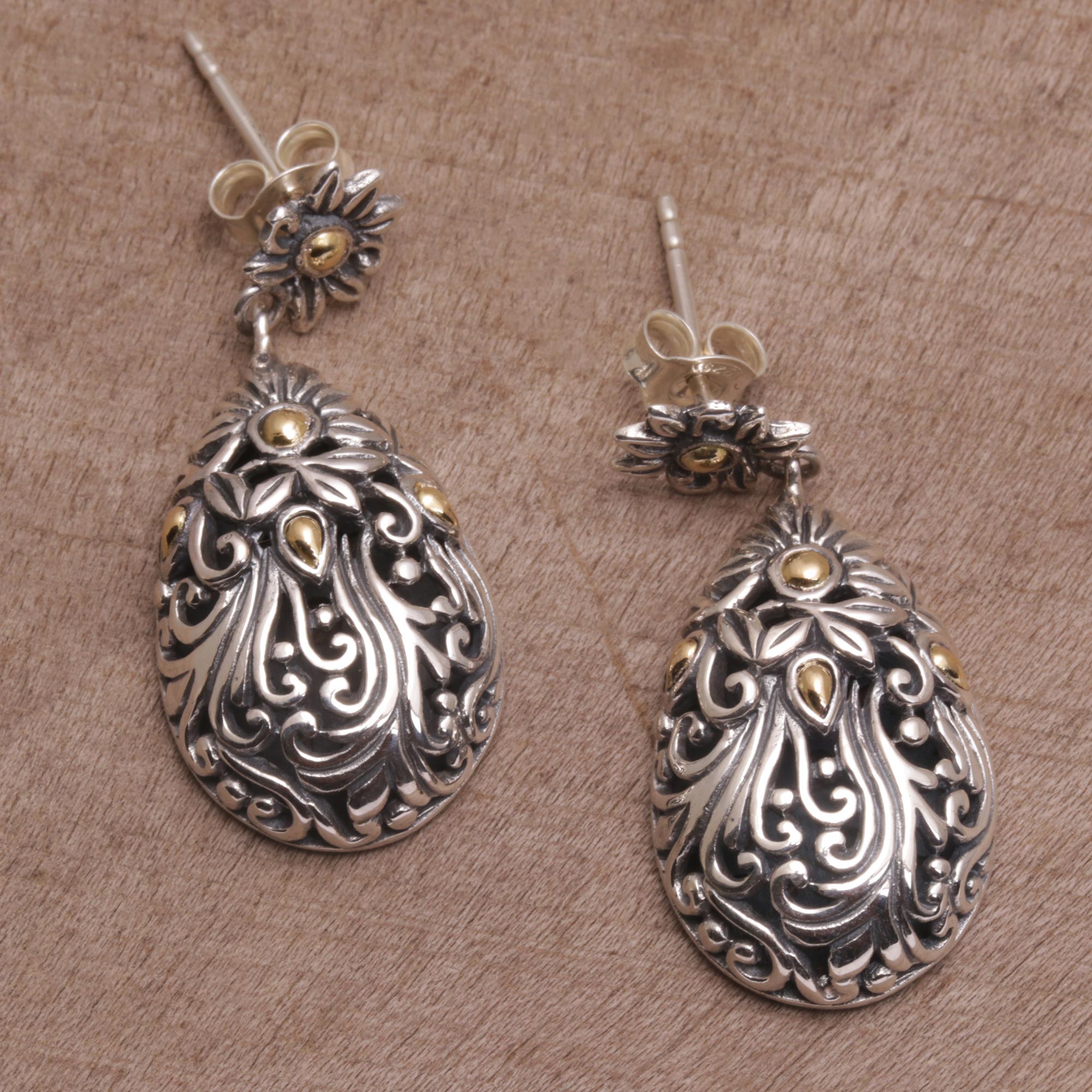 Premium 18k Gold & Sterling Silver Floral Dangle Earrings from Bali