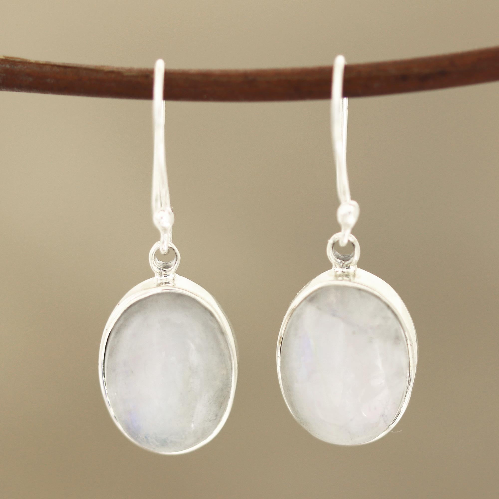 Premium Eternal Ovals Natural Rainbow Moonstone Dangle Earrings - Handcrafted in India