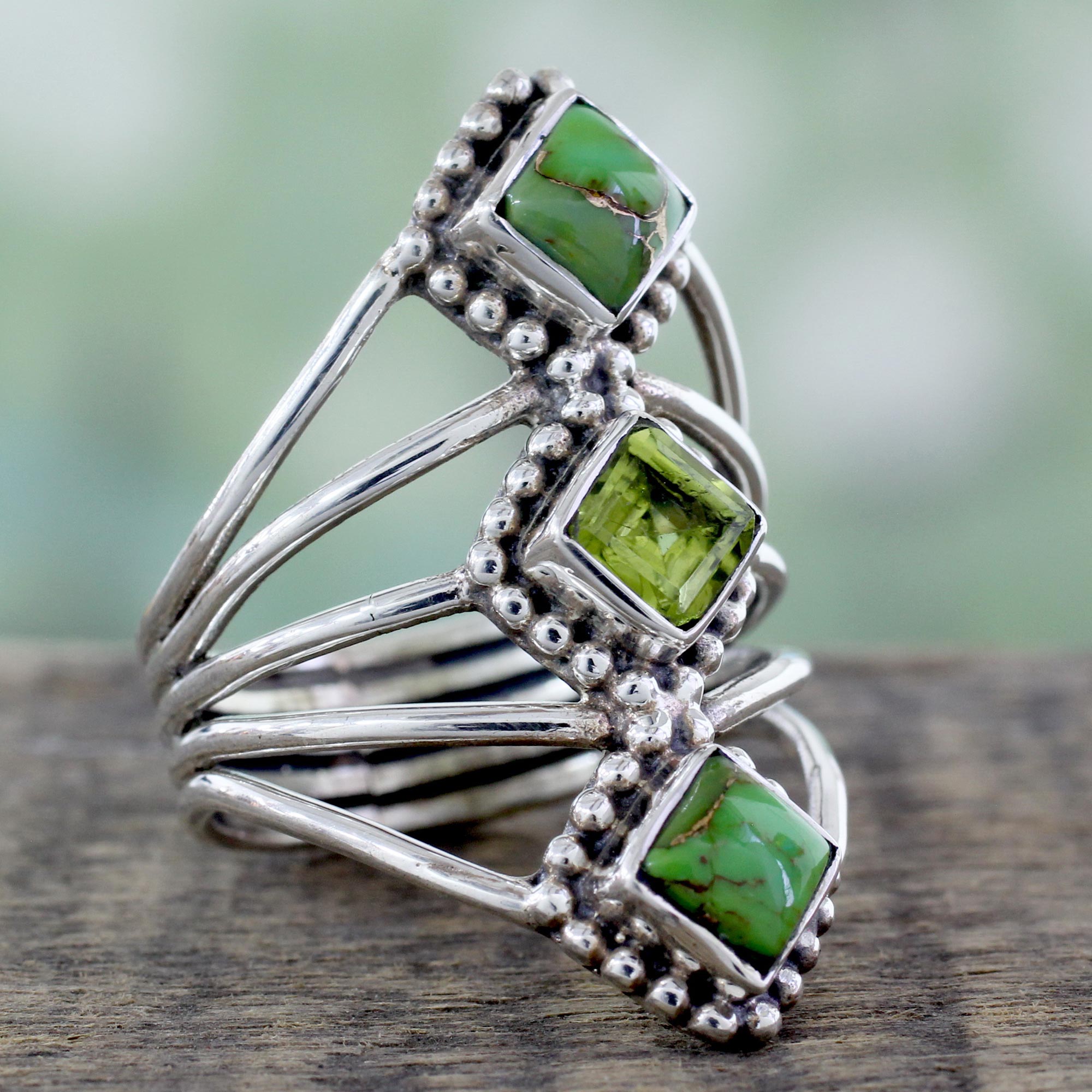 Premium Forest Allure Handmade Peridot & Turquoise Cocktail Ring