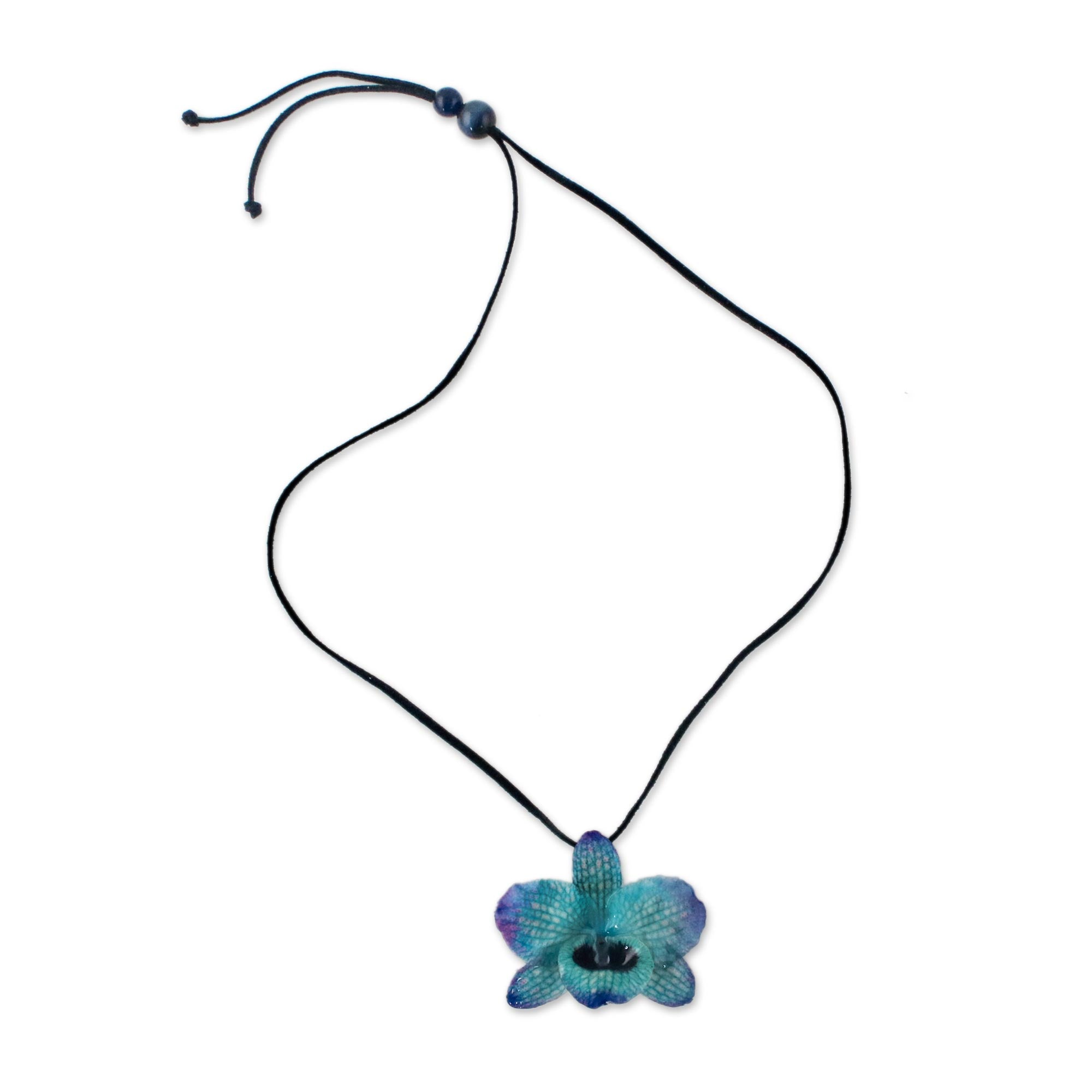 Premium Brass & Glass Bead Orchid Pendant Necklace - Handcrafted in Thailand